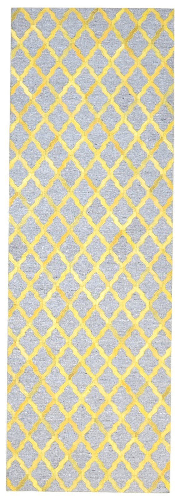 Leather / Cotton Yellow Rug 3X9 Modern Hand Woven Moroccan Trellis Small Carpet 