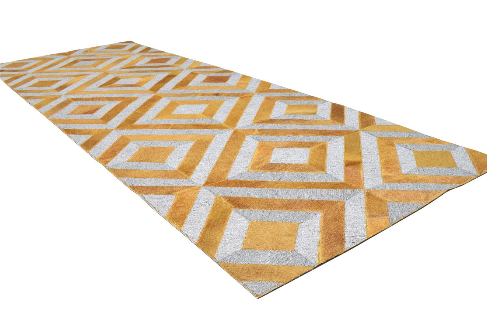 Gold Leather / Cotton Rug 3X9 Modern Hand Woven Moroccan Diamond Small Runner 