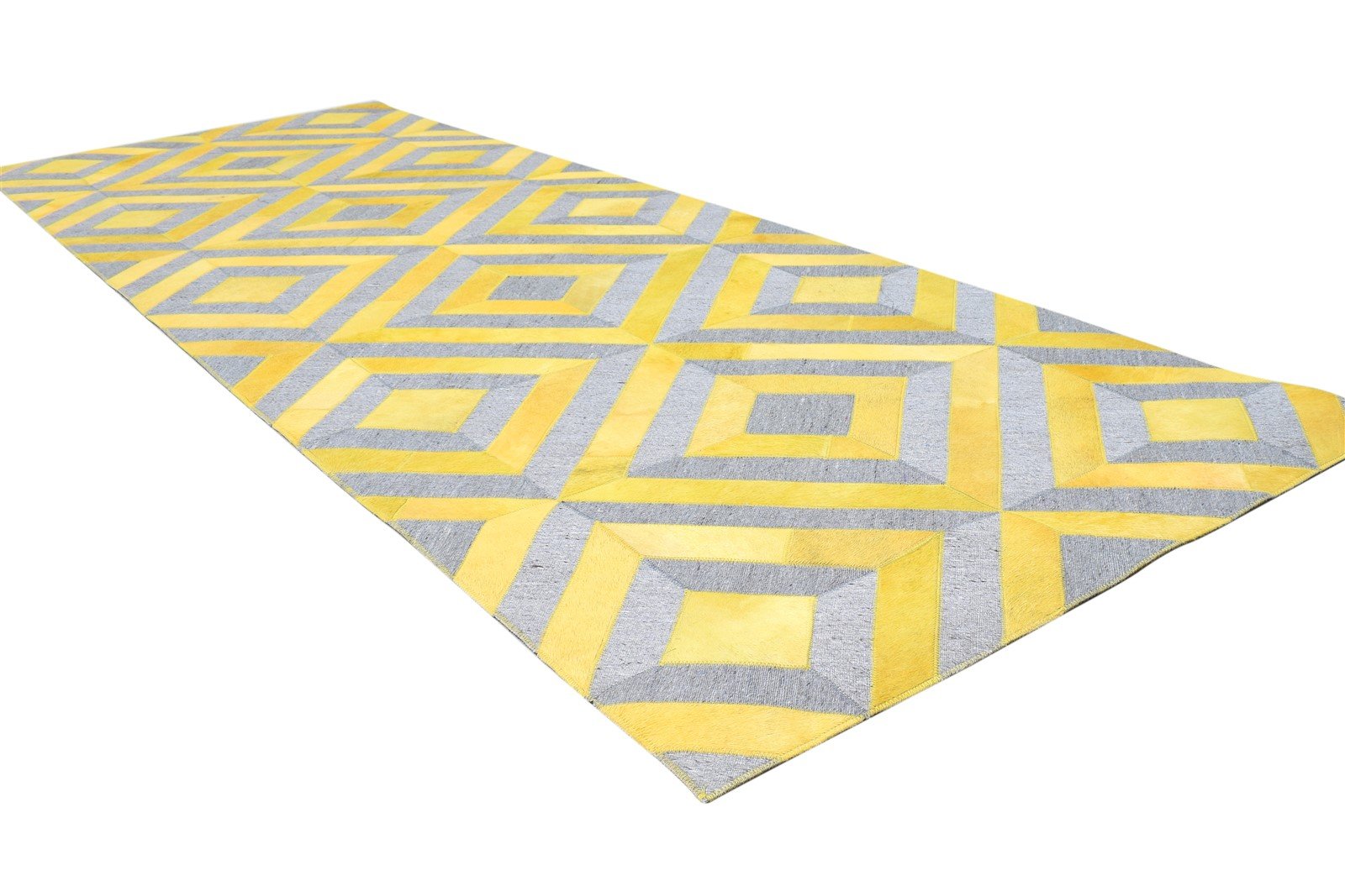 Leather / Cotton Yellow Rug 3X9 Modern Hand Woven Moroccan Diamond Small Carpet 