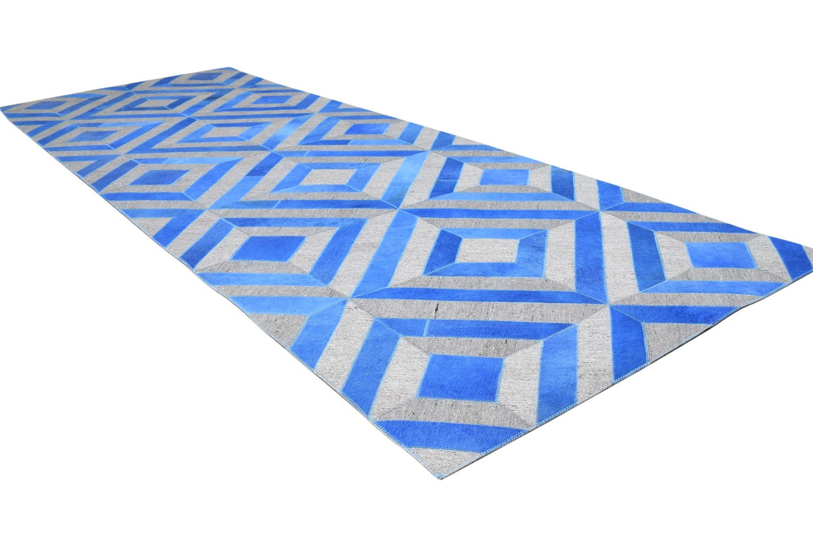 3X9 Rug Leather / Cotton Blue Modern Hand Woven Moroccan Diamond Small Runner 