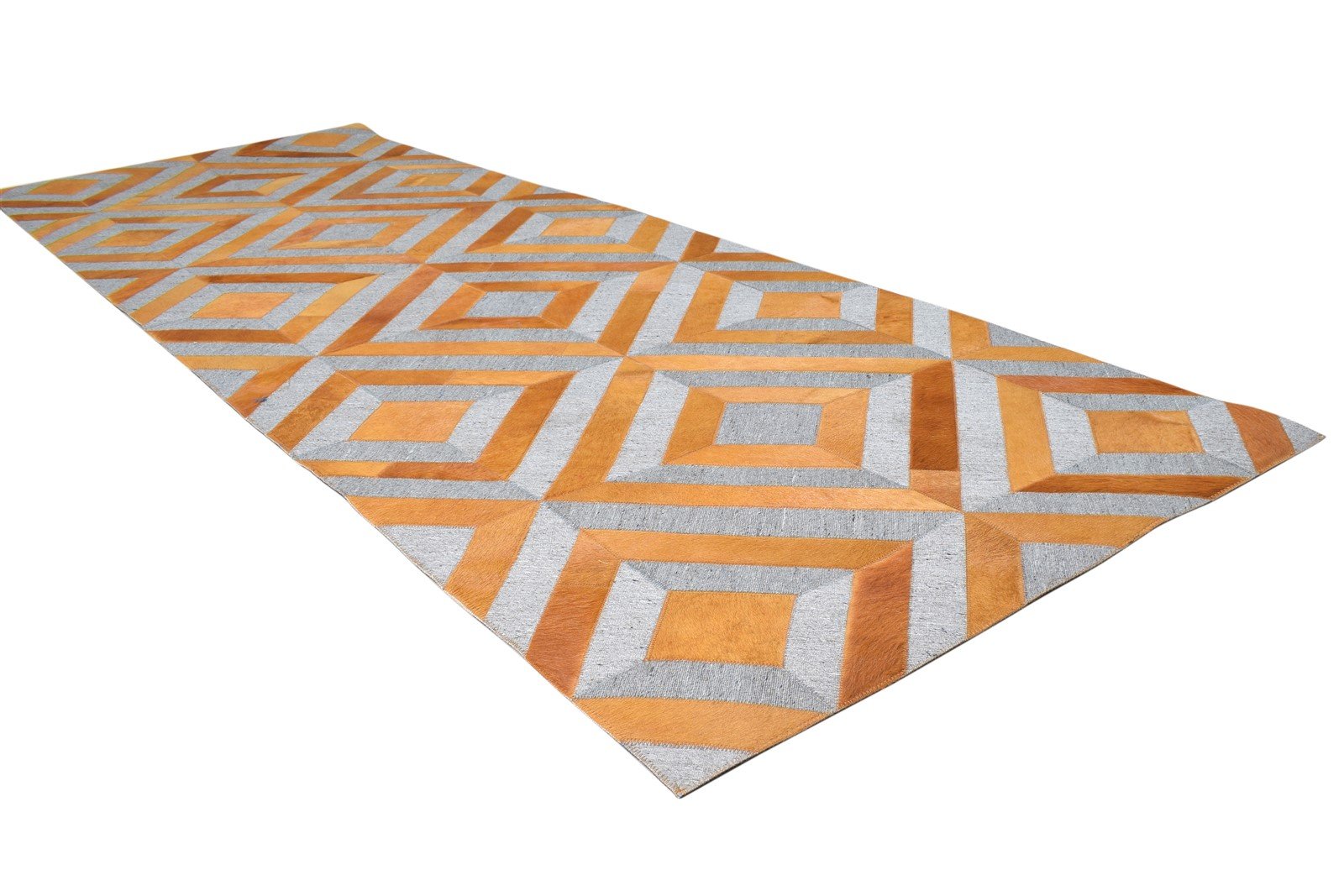 Hand Woven Gold Leather / Cotton Rug 3X9 Modern Moroccan Diamond Small Runner 