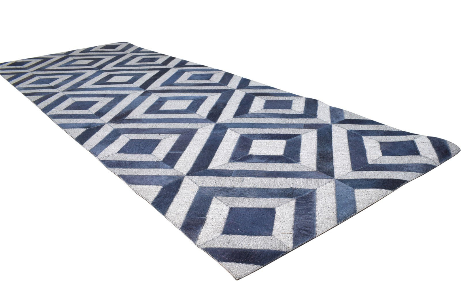 3X9 Rug Leather / Cotton Blue Modern Hand Woven Moroccan Diamond Small Runner 