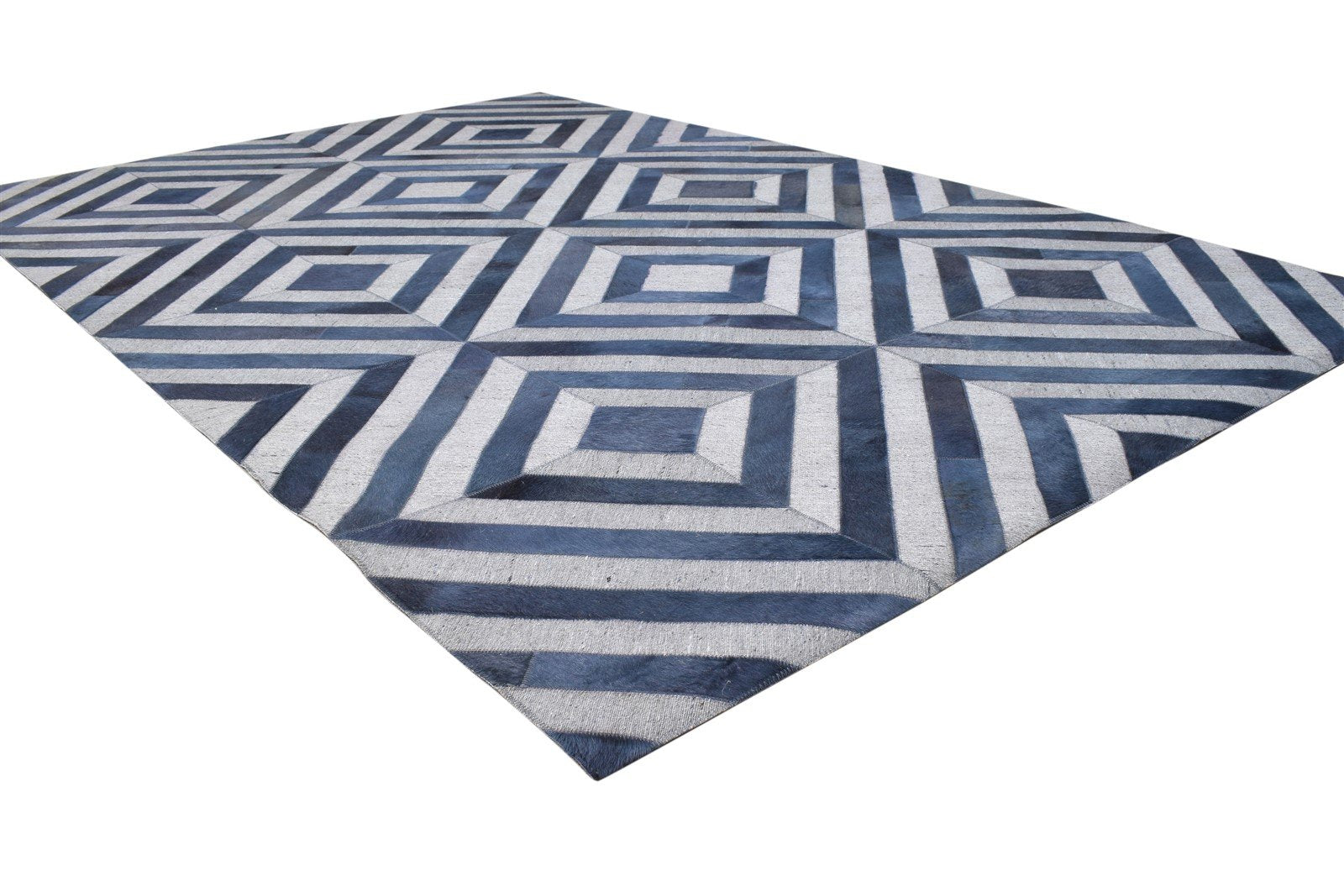 Hand Woven Blue Leather / Cotton Rug 5X8 Modern Moroccan Diamond Room Size 