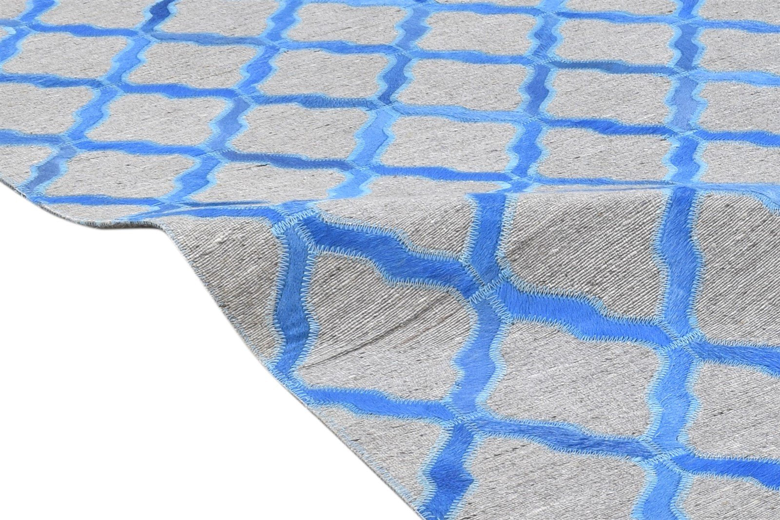 Hand Woven Blue Leather / Cotton Rug 5X8 Modern Moroccan Trellis Room Size 