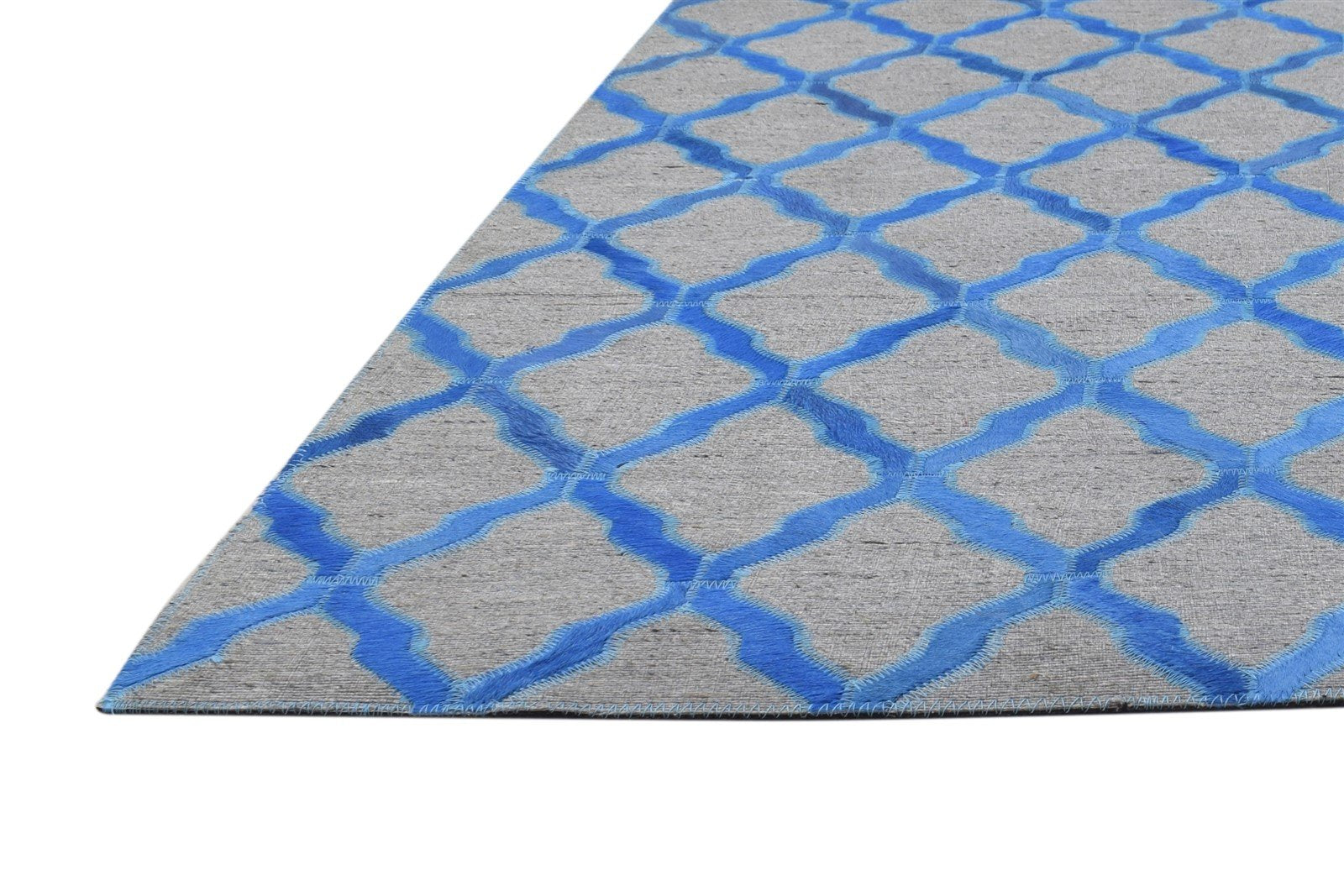 Hand Woven Blue Leather / Cotton Rug 5X8 Modern Moroccan Trellis Room Size 