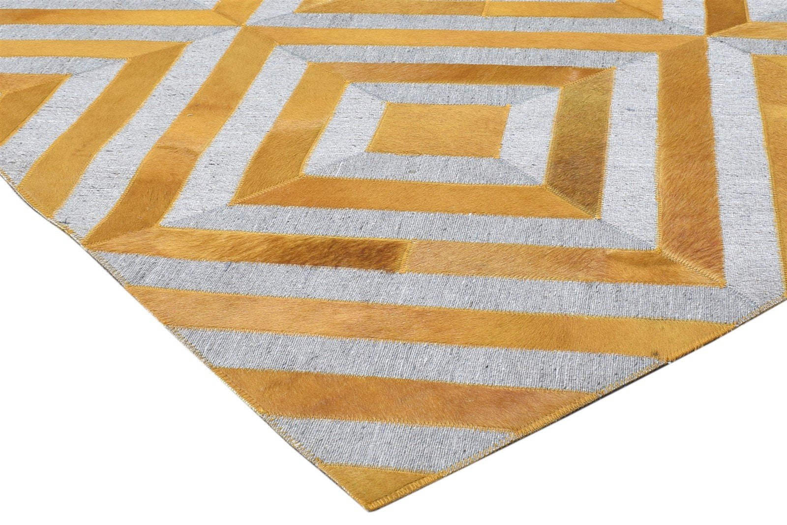 Hand Woven Gold Leather / Cotton Rug 5X8 Modern Moroccan Diamond Room Size 