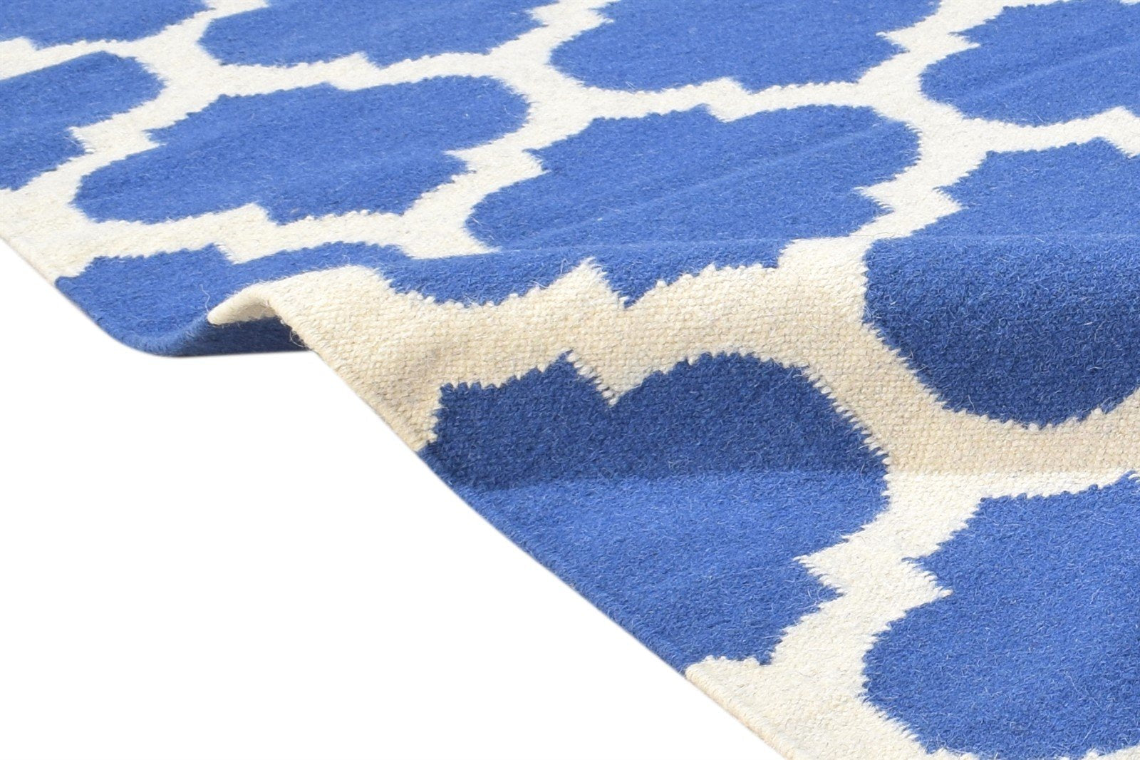 Dhurrie Blue Wool Rug 5' X 7' Modern Moroccan Trellis Room Size Carpet 