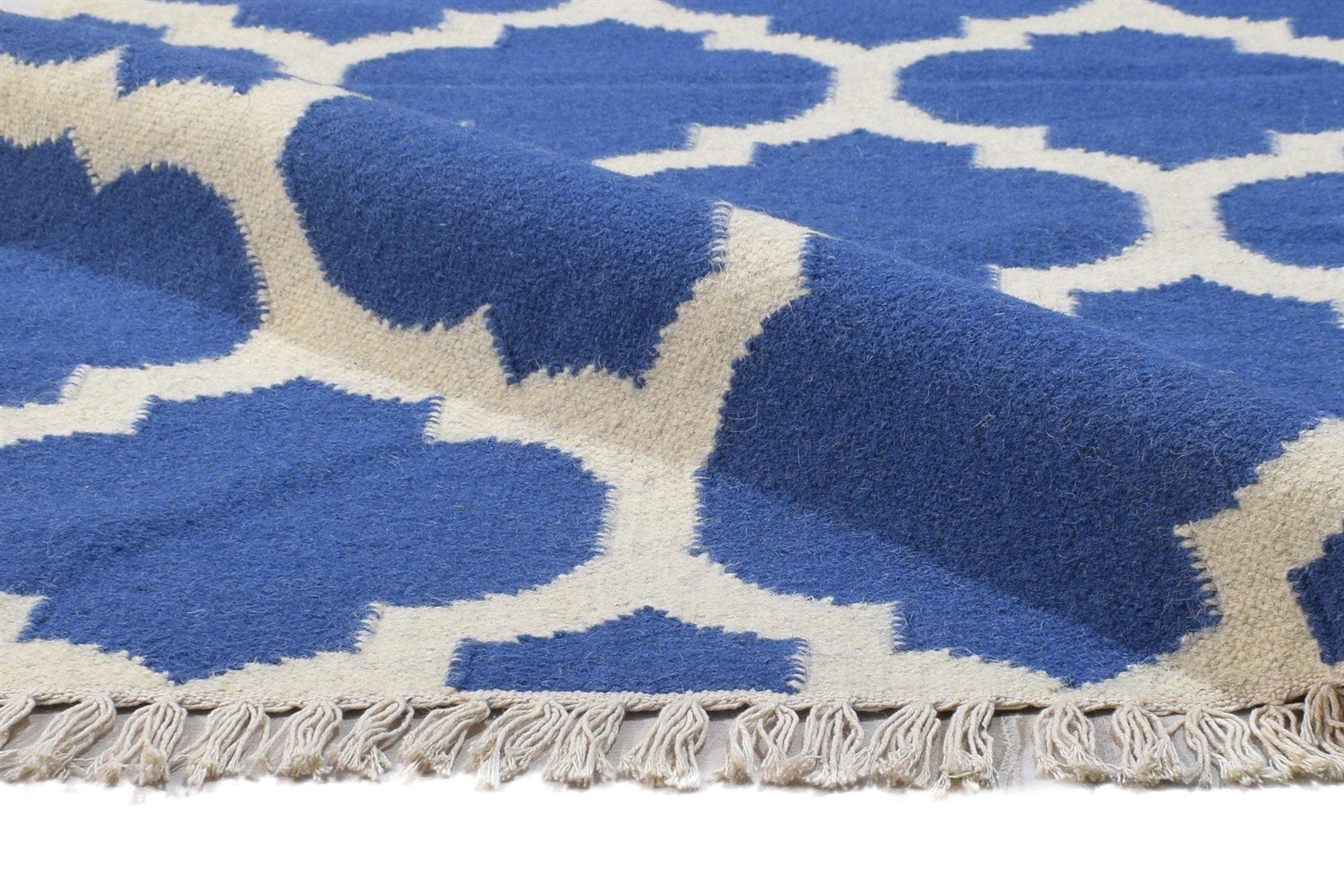 Dhurrie Blue Wool Rug 5' X 7' Modern Moroccan Trellis Room Size Carpet 