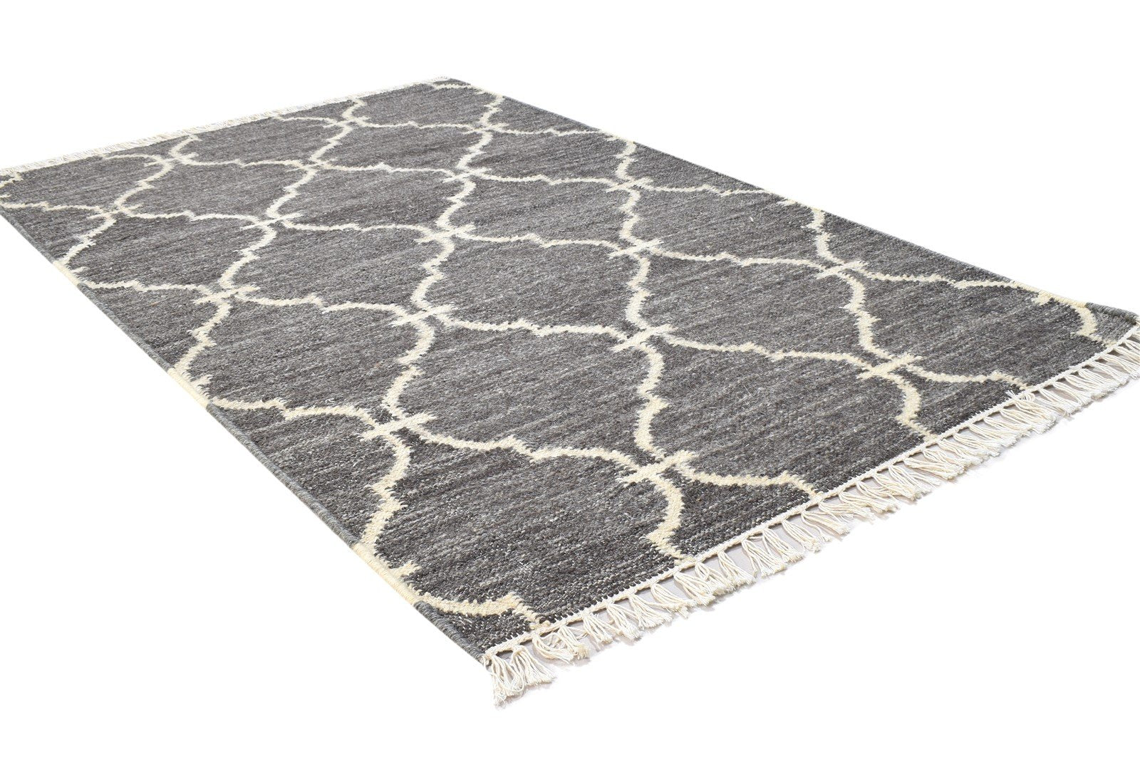 Wool Dark Grey Rug 3' X 5' Modern Dhurrie Moroccan Trellis Small Carpet 