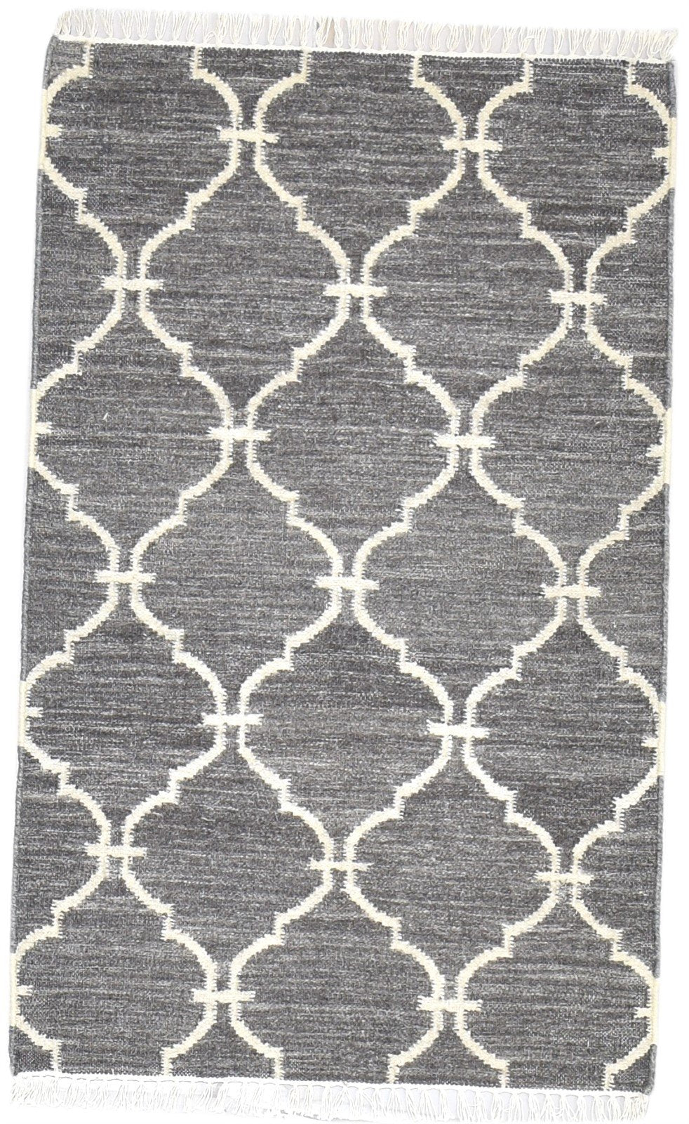 Wool Dark Grey Rug 3' X 5' Modern Dhurrie Moroccan Trellis Small Carpet 