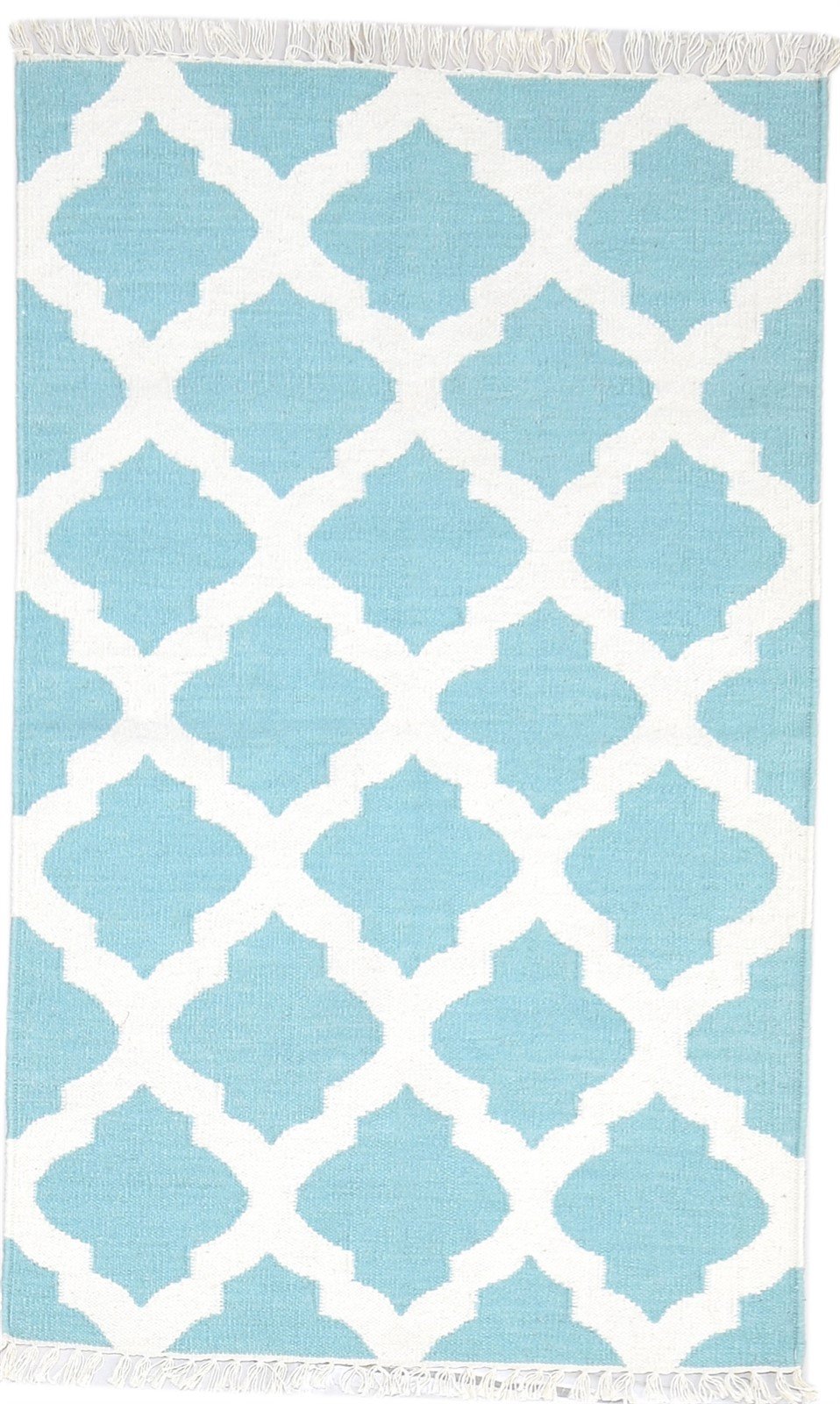 Teal Blue Wool Rug 3' X 5' Modern Dhurrie Moroccan Trellis Small Carpet 