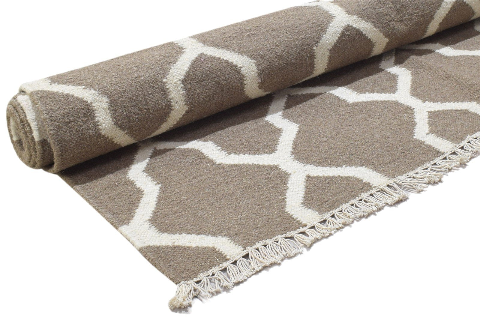 Dhurrie Beige Wool Rug 4' X 6' Modern Moroccan Trellis Room Size Carpet 