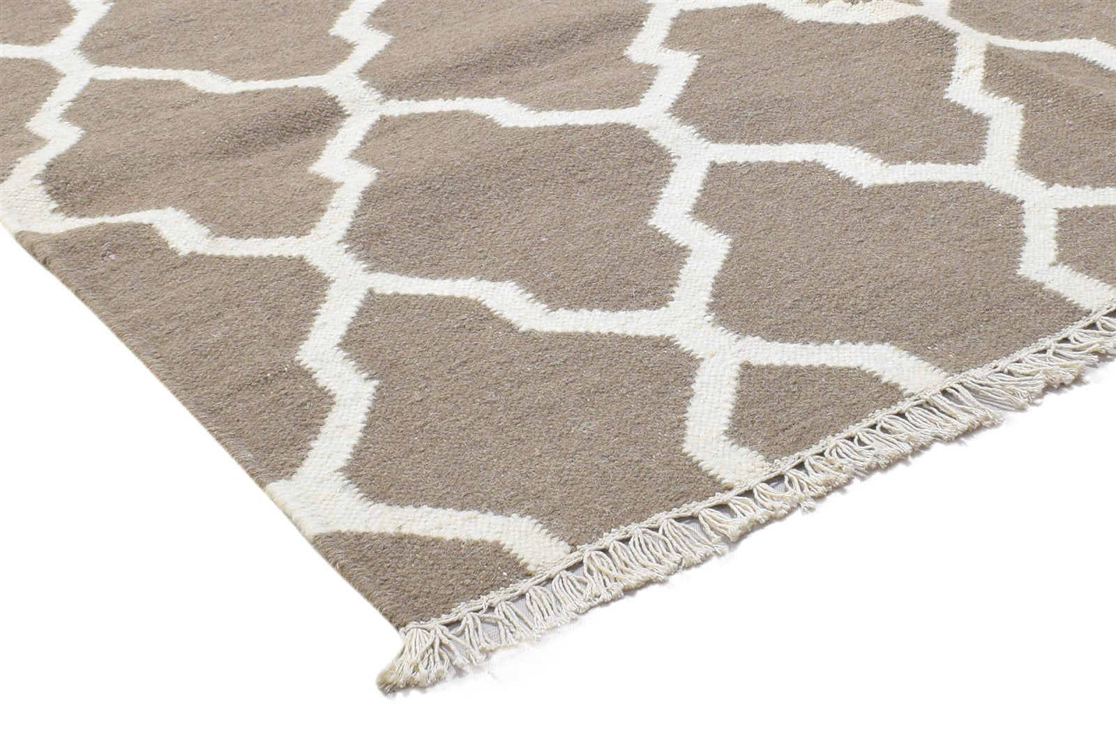 Dhurrie Beige Wool Rug 4' X 6' Modern Moroccan Trellis Room Size Carpet 