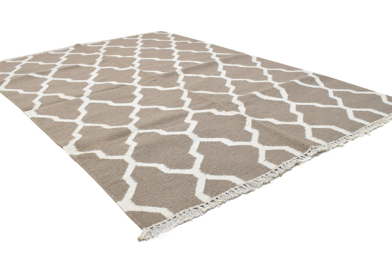 Dhurrie Beige Wool Rug 4' X 6' Modern Moroccan Trellis Room Size Carpet 