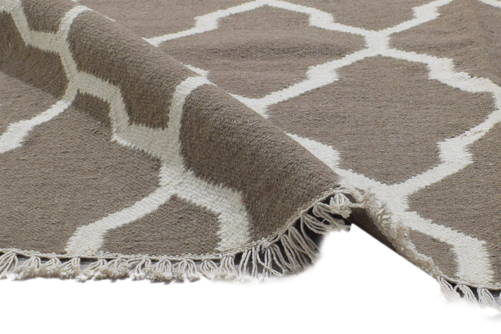 Dhurrie Beige Wool Rug 4' X 6' Modern Moroccan Trellis Room Size Carpet 