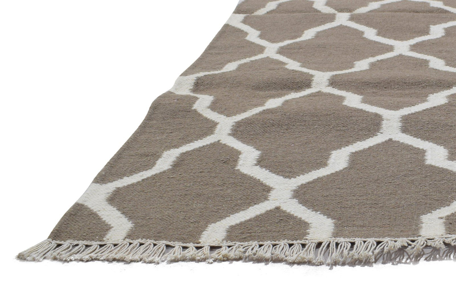 Dhurrie Beige Wool Rug 4' X 6' Modern Moroccan Trellis Room Size Carpet 