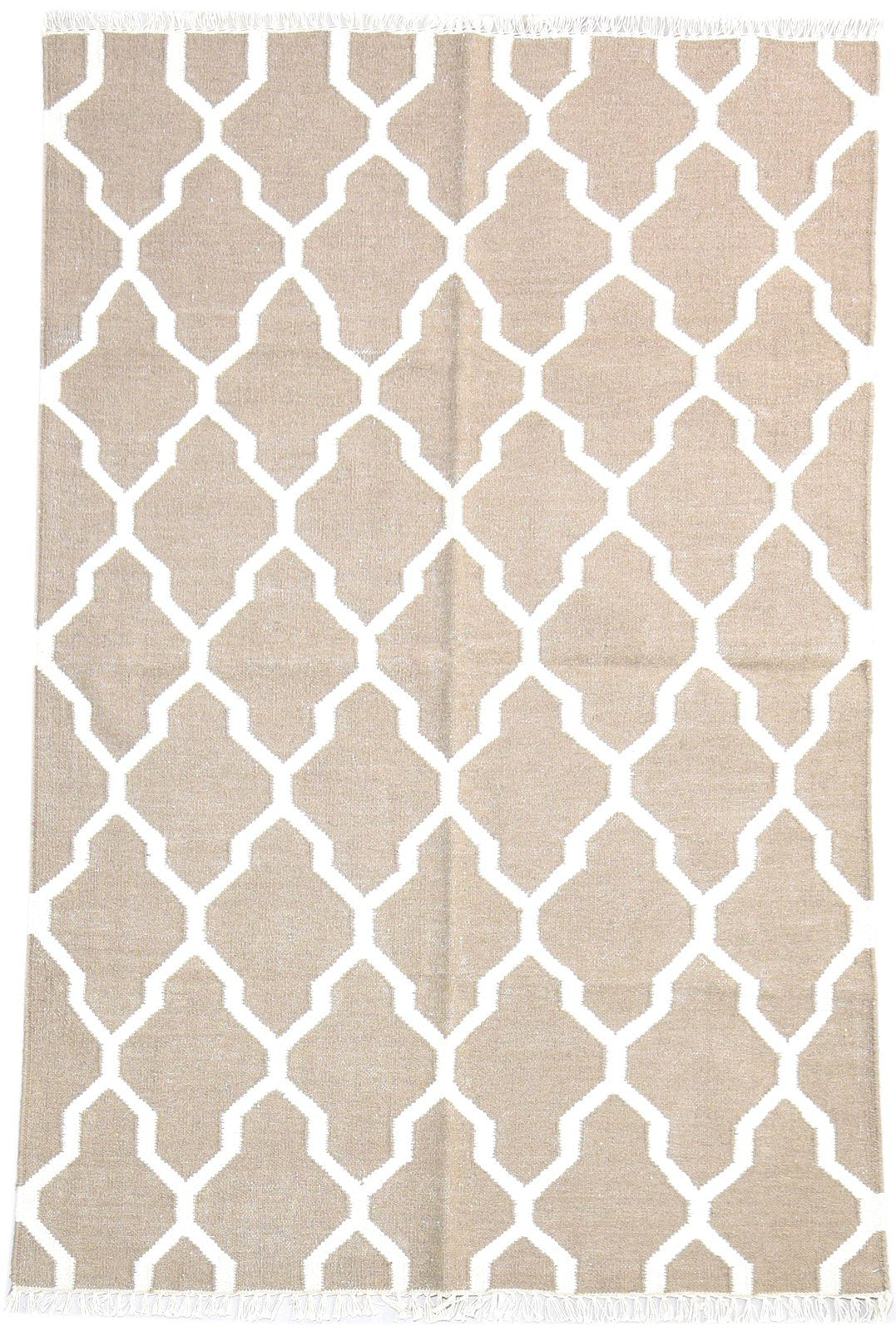 Dhurrie Beige Wool Rug 4' X 6' Modern Moroccan Trellis Room Size Carpet 