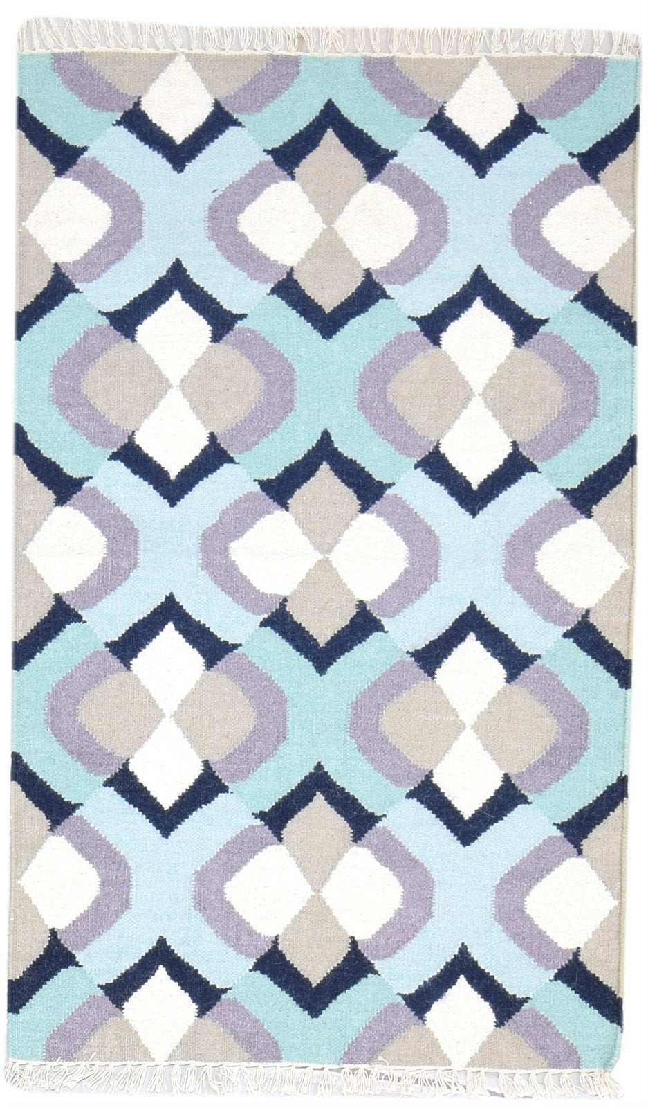 Blue Wool Rug 3' X 5' Modern Dhurrie Moroccan Abstract Small Carpet 