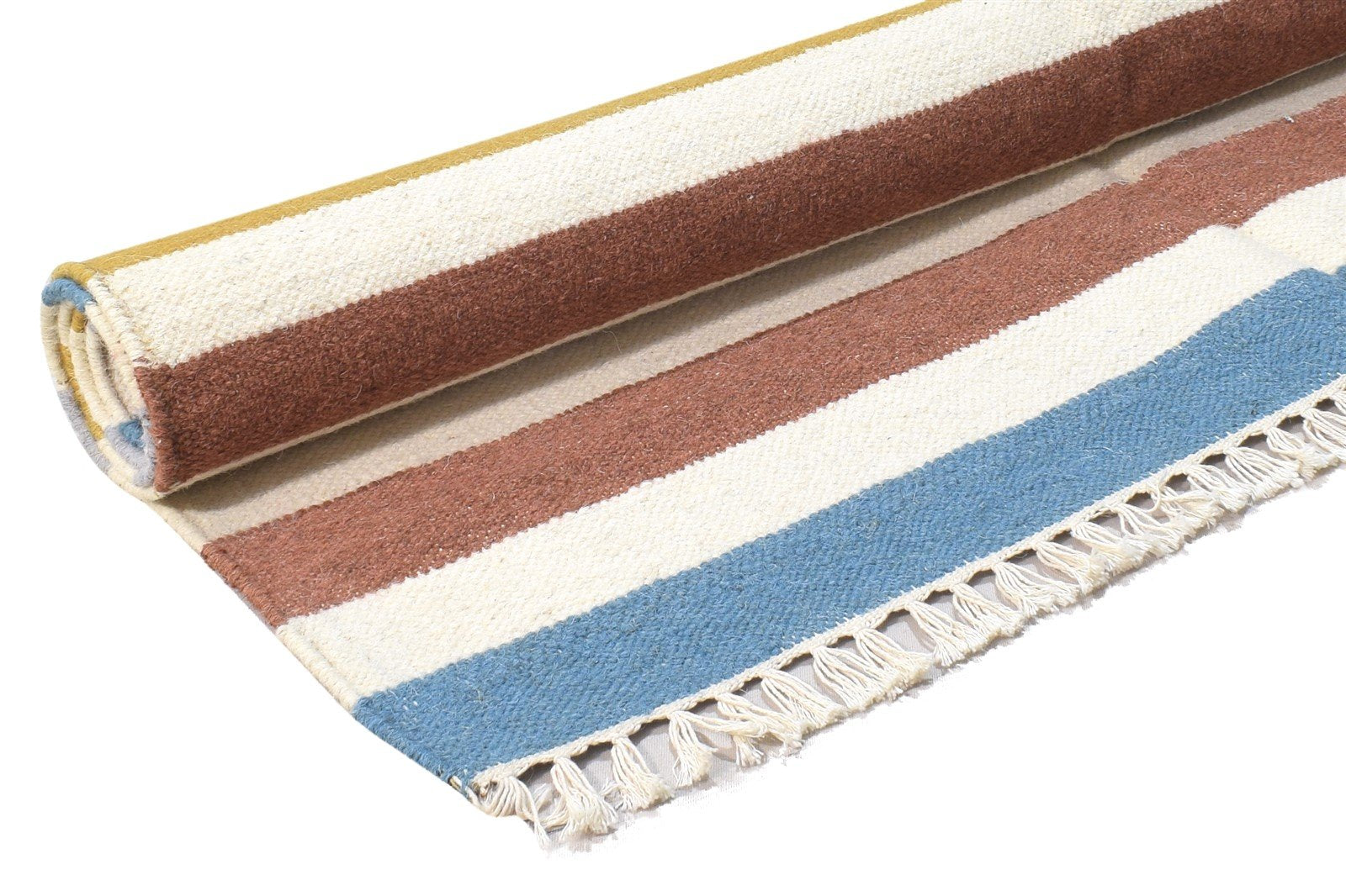 Dhurrie Multi Color Wool Rug 4X5 Modern Scandinavian Striped Room Size Carpet 