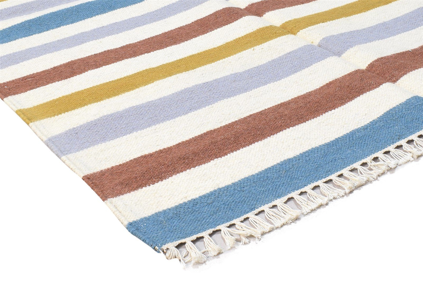 Dhurrie Multi Color Wool Rug 4X5 Modern Scandinavian Striped Room Size Carpet 