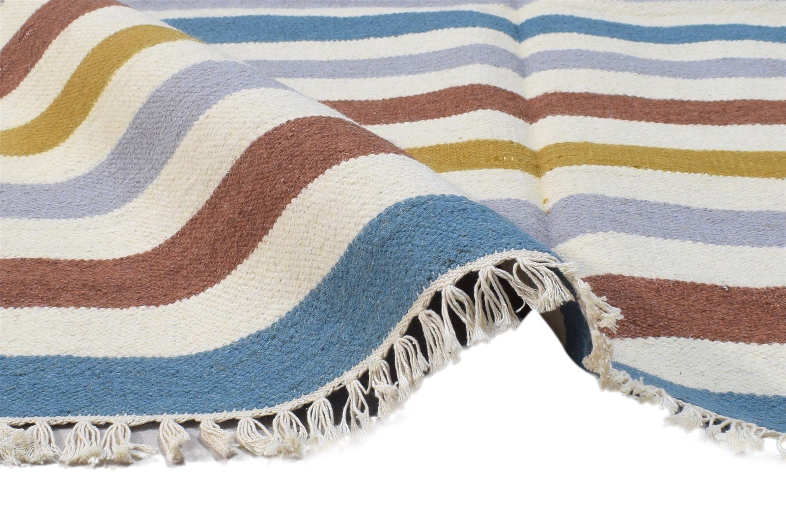 Dhurrie Multi Color Wool Rug 4X5 Modern Scandinavian Striped Room Size Carpet 