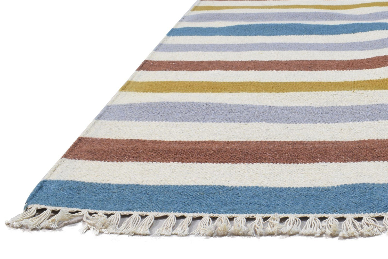 Dhurrie Multi Color Wool Rug 4X5 Modern Scandinavian Striped Room Size Carpet 