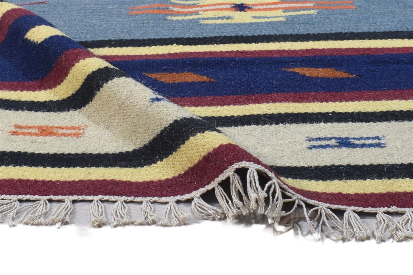 Blue Wool Rug 3' X 5' Persian Dhurrie Southwestern Tribal Small Carpet 