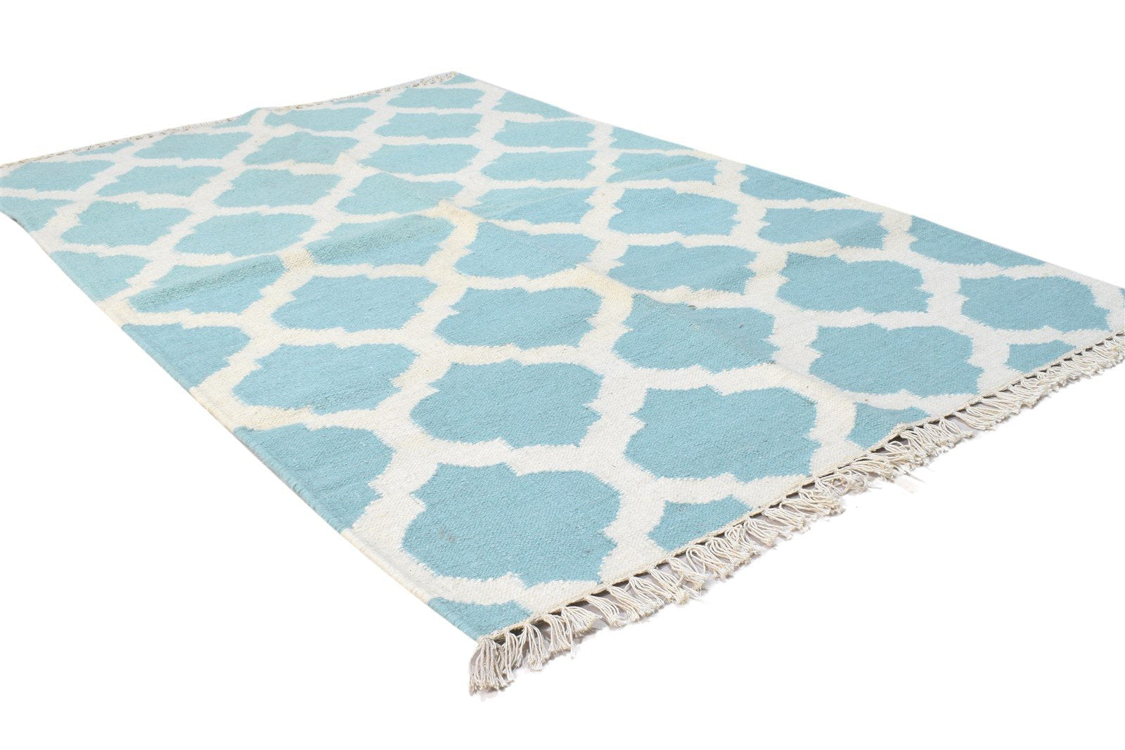 Dhurrie Blue Wool Rug 3' X 5' Modern Moroccan Trellis Room Size Carpet 