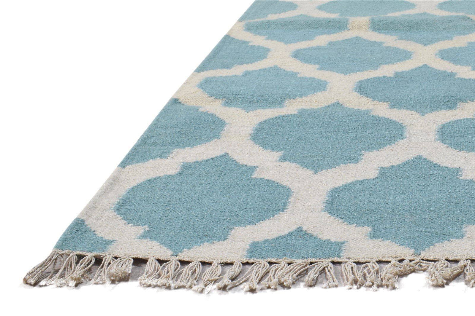 Dhurrie Blue Wool Rug 3' X 5' Modern Moroccan Trellis Room Size Carpet 