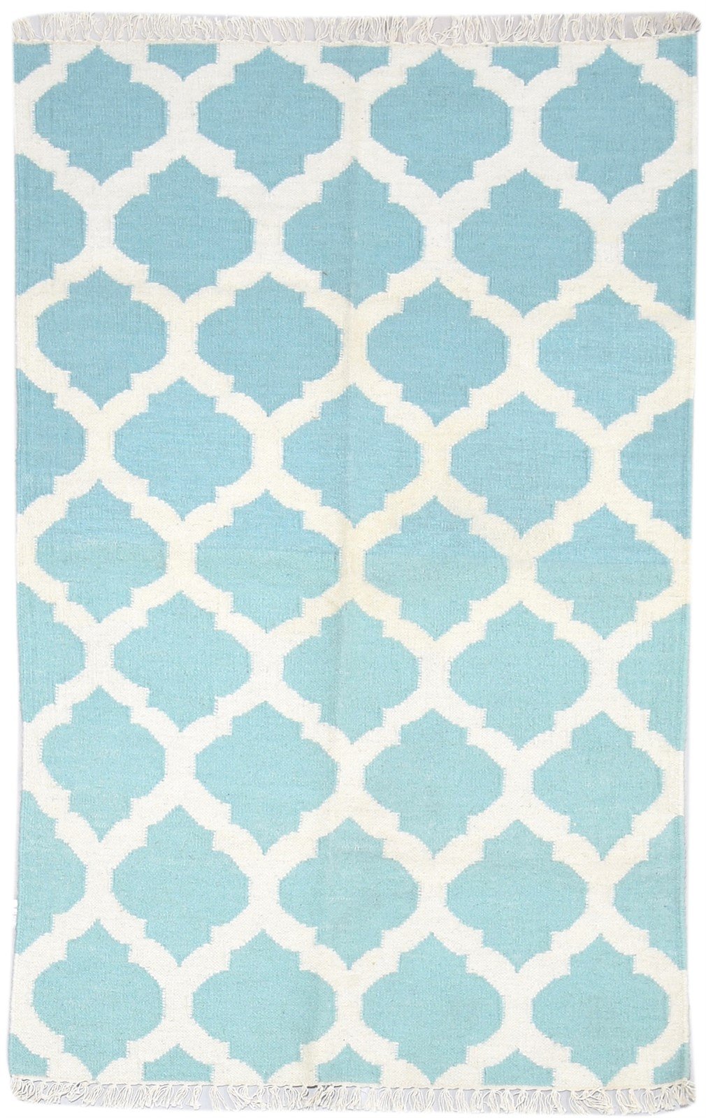 Dhurrie Blue Wool Rug 3' X 5' Modern Moroccan Trellis Room Size Carpet 