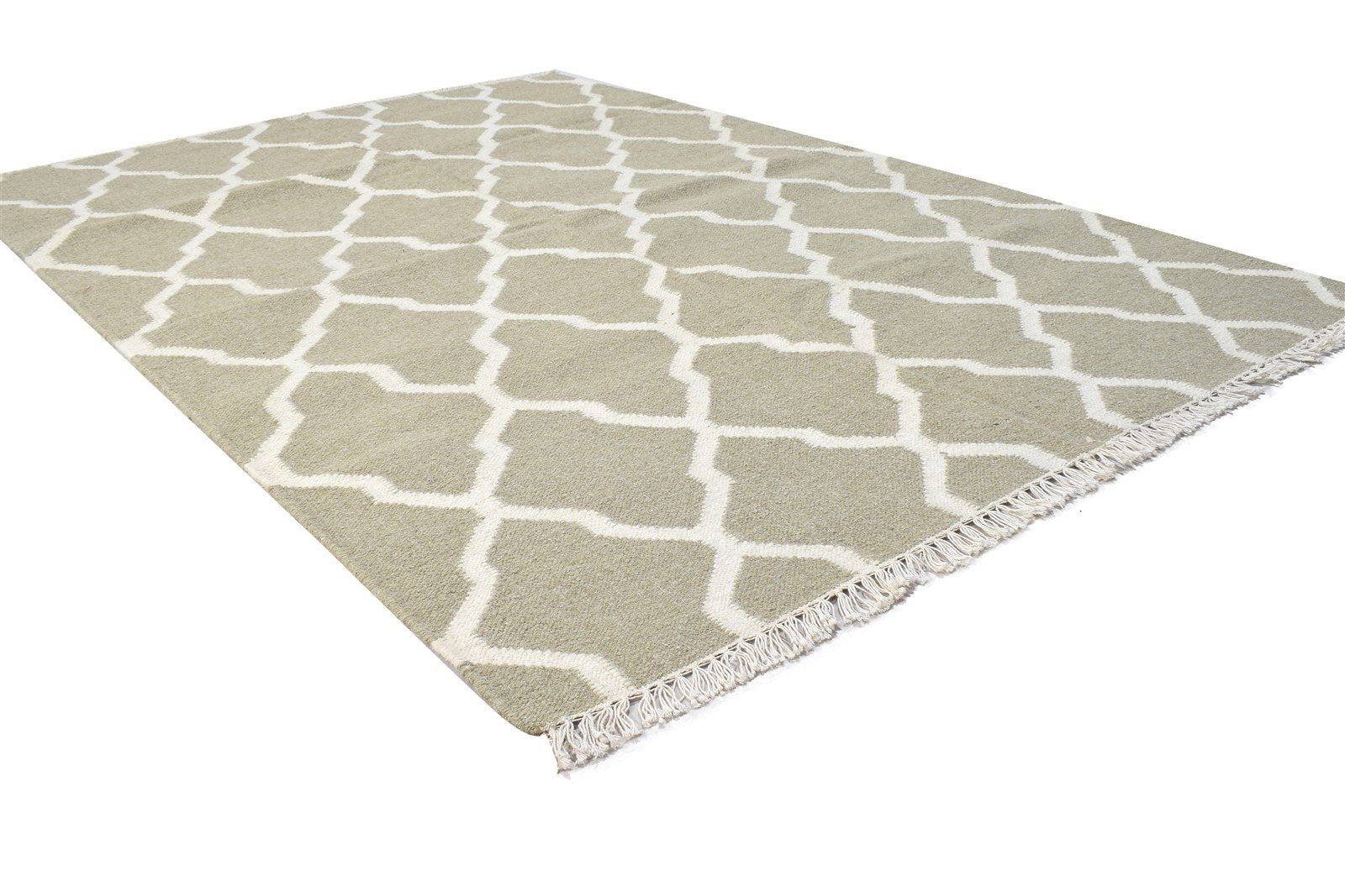 Dhurrie Beige Wool Rug 4' X 6' Modern Moroccan Trellis Room Size Carpet 