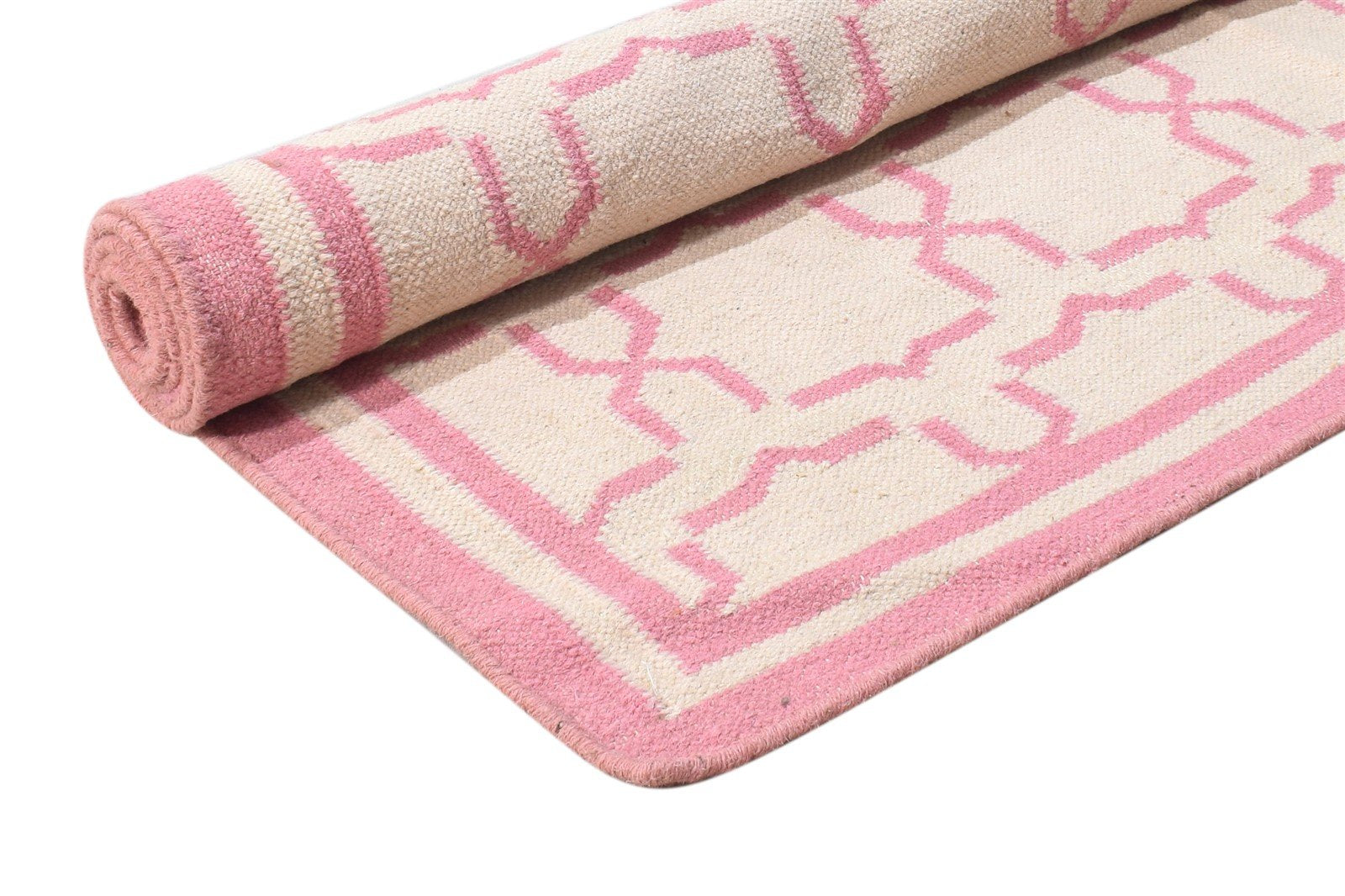 Dhurrie Pink Wool Rug 4' X 6' Modern Moroccan Trellis Room Size Carpet 