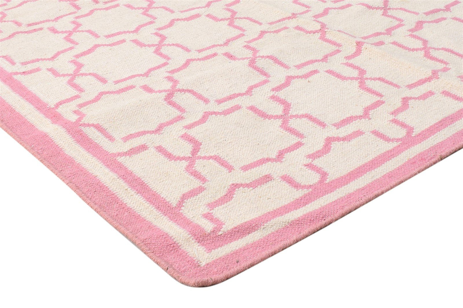 Dhurrie Pink Wool Rug 4' X 6' Modern Moroccan Trellis Room Size Carpet 