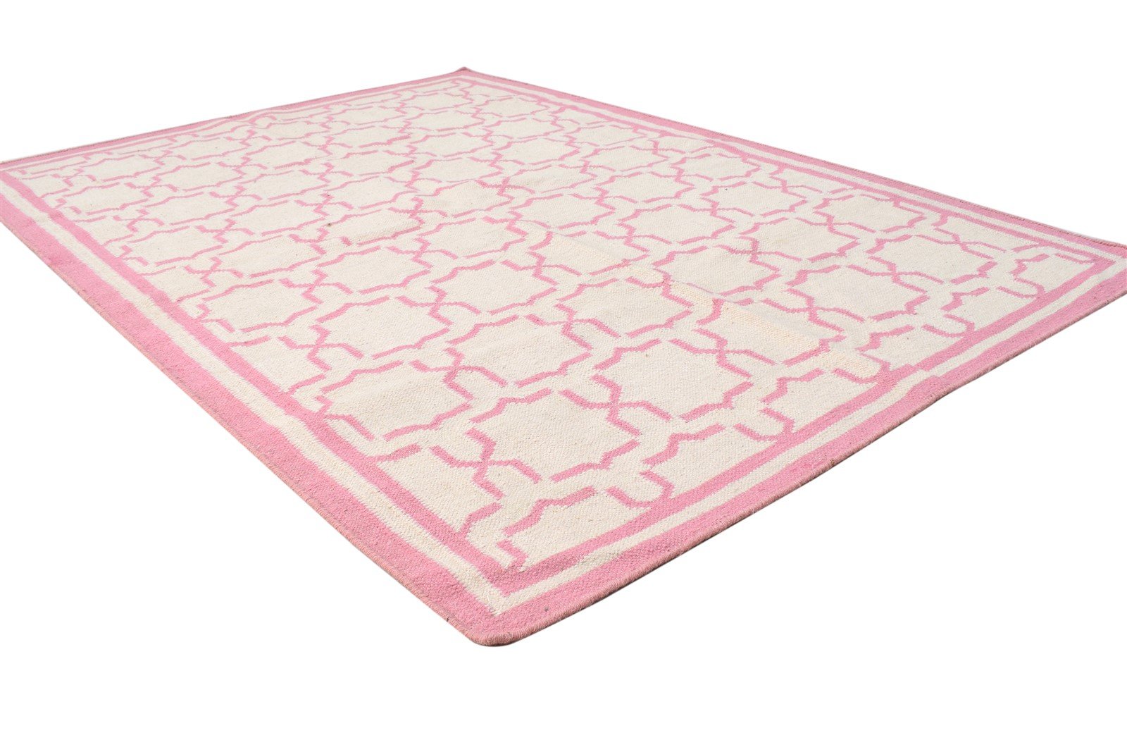 Dhurrie Pink Wool Rug 4' X 6' Modern Moroccan Trellis Room Size Carpet 