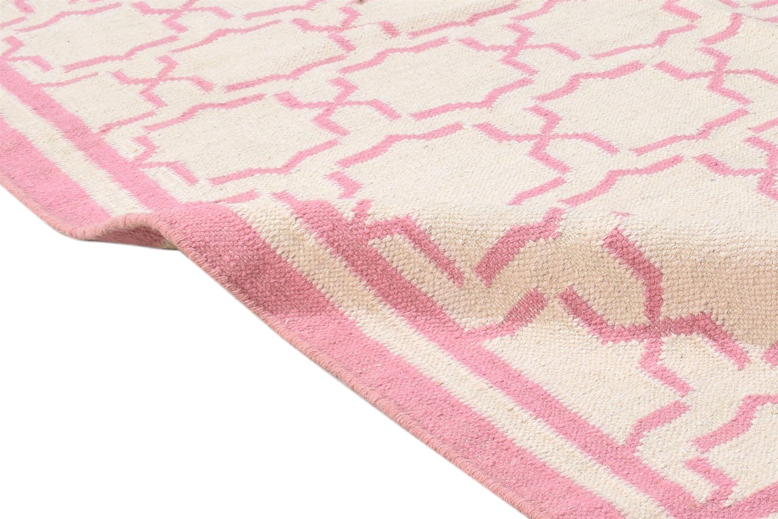 Dhurrie Pink Wool Rug 4' X 6' Modern Moroccan Trellis Room Size Carpet 