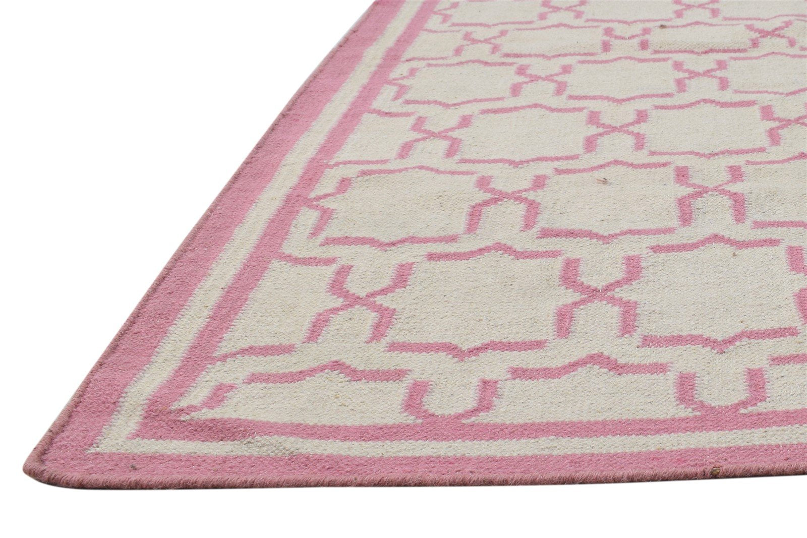 Dhurrie Pink Wool Rug 4' X 6' Modern Moroccan Trellis Room Size Carpet 