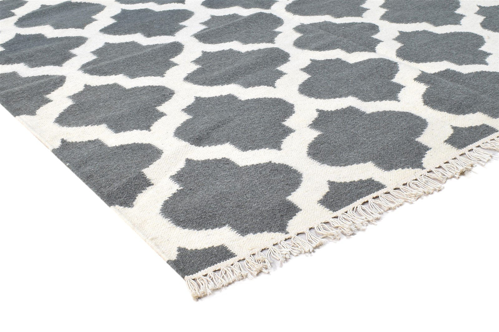 Dhurrie Dark Grey Wool Rug 5' X 7' Modern Moroccan Trellis Room Size Carpet 