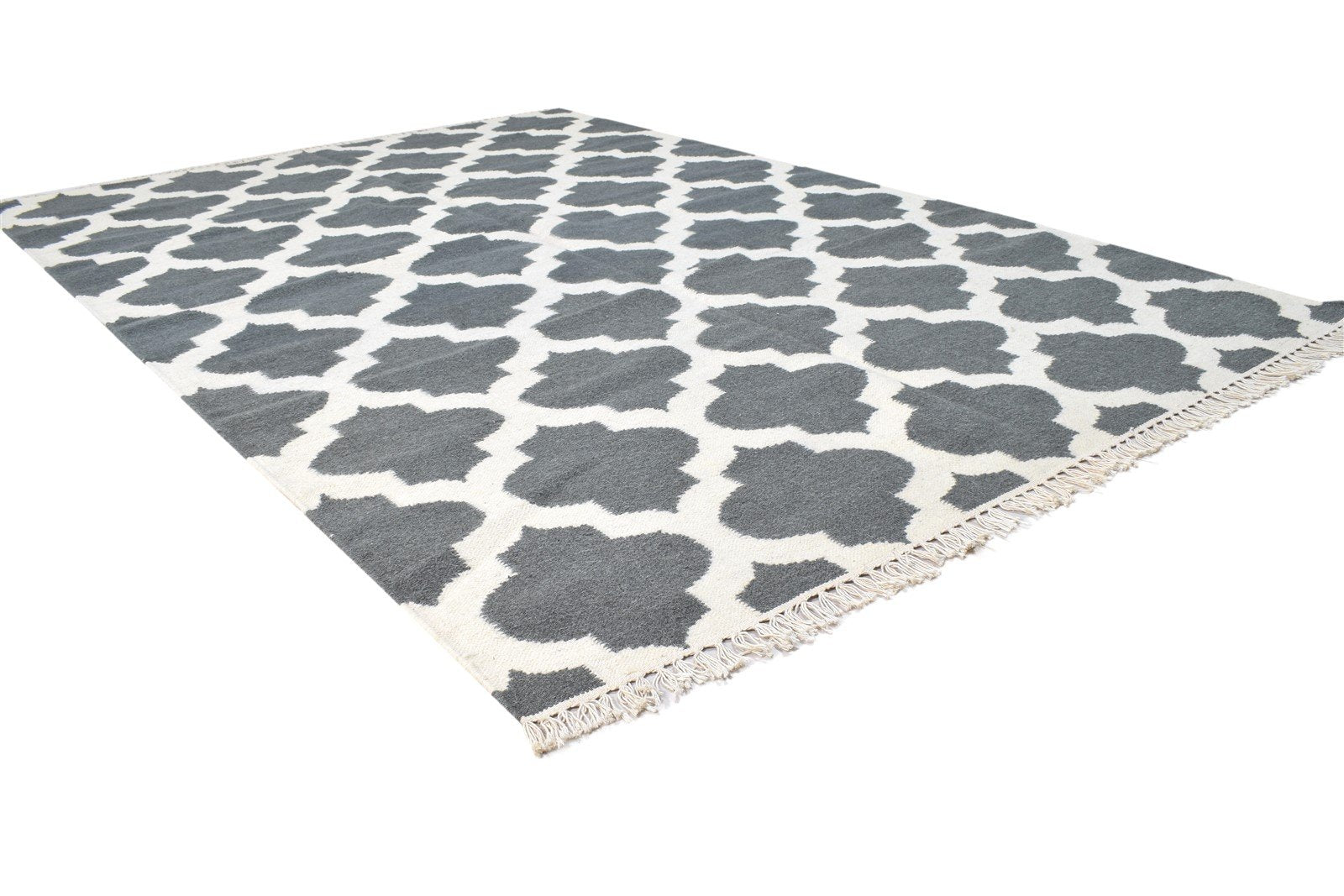 Dhurrie Dark Grey Wool Rug 5' X 7' Modern Moroccan Trellis Room Size Carpet 