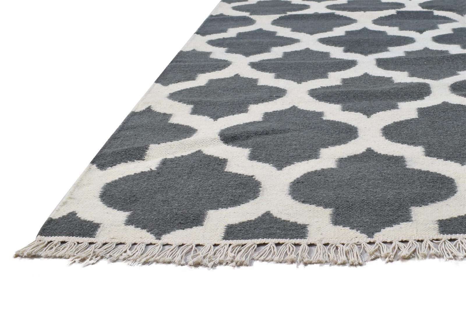 Dhurrie Dark Grey Wool Rug 5' X 7' Modern Moroccan Trellis Room Size Carpet 