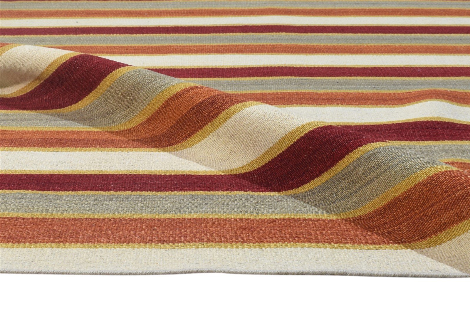 Wool Red Rug 8' X 10' Modern Dhurrie Bohemian Striped Large Carpet 