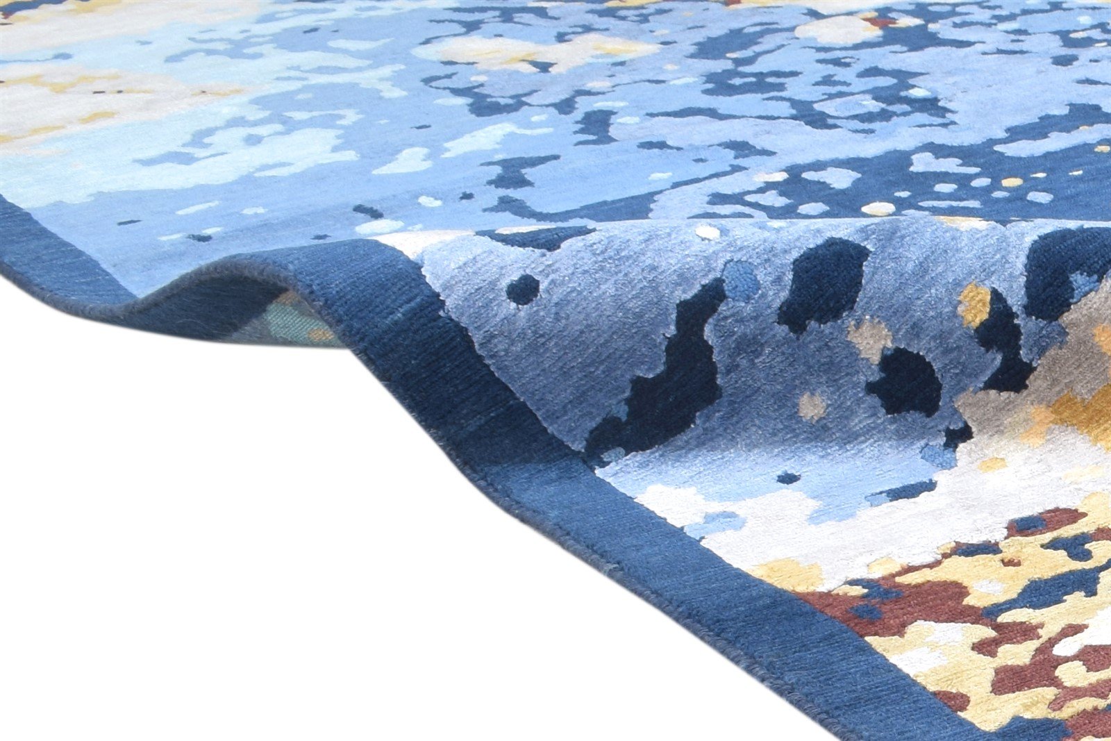 Hand Knotted Blue Wool / Silk Rug 8' X 10' Modern Indian Abstract Large Carpet 