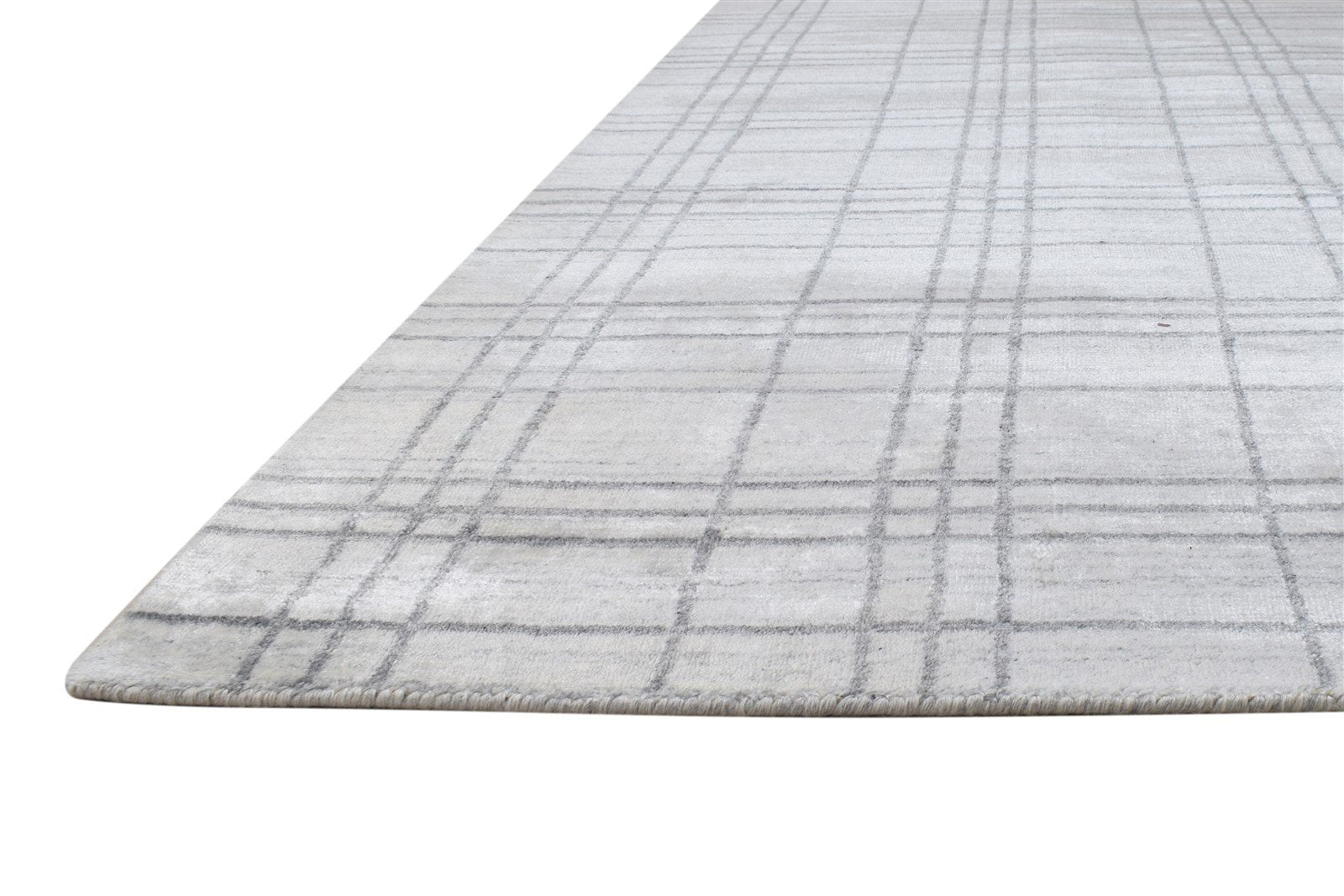 Handloom Silver Wool Silk Rug 8' X 10' Modern Scandinavian Plaids Large Carpet 