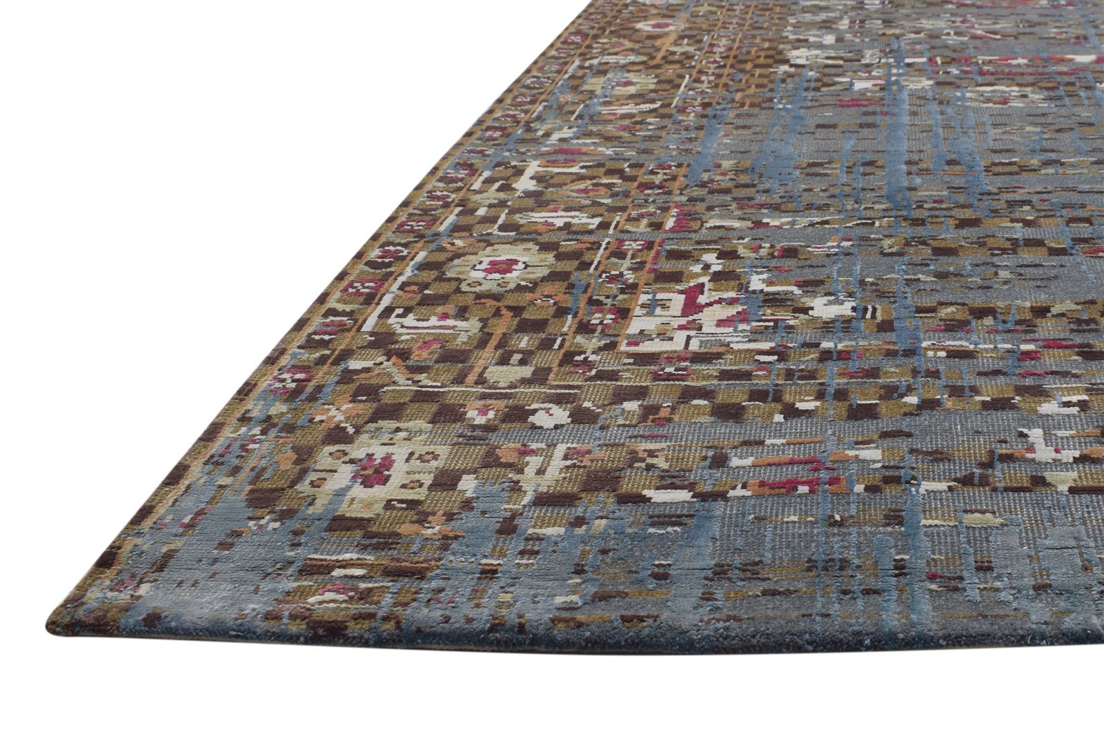 Hand Knotted Blue Wool / Silk Rug 7' X 10' Modern Indian Abstract Large Carpet 