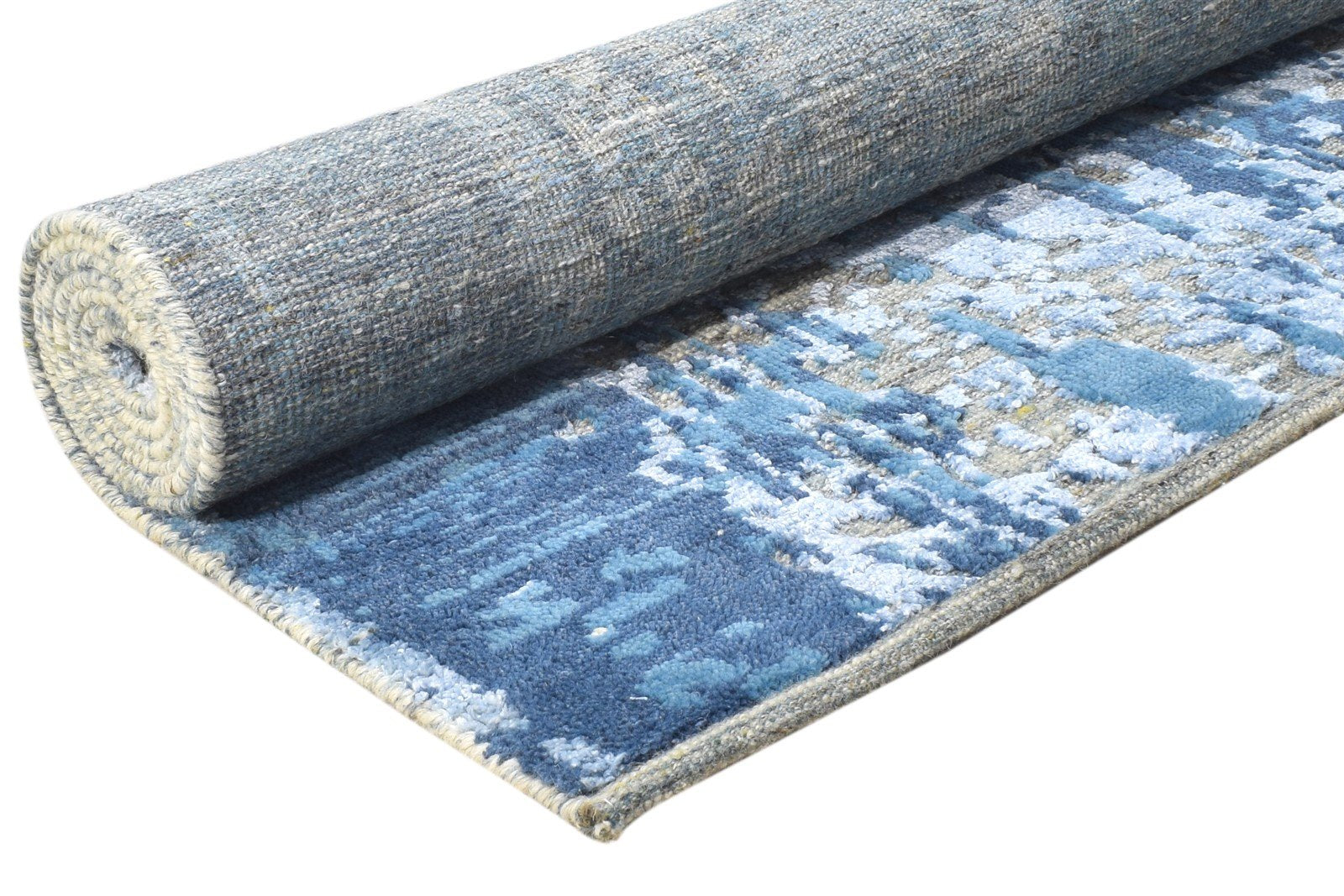 5X8 Rug Wool / Silk Blue Modern Hand Knotted Indian Abstract Room Size Carpet 