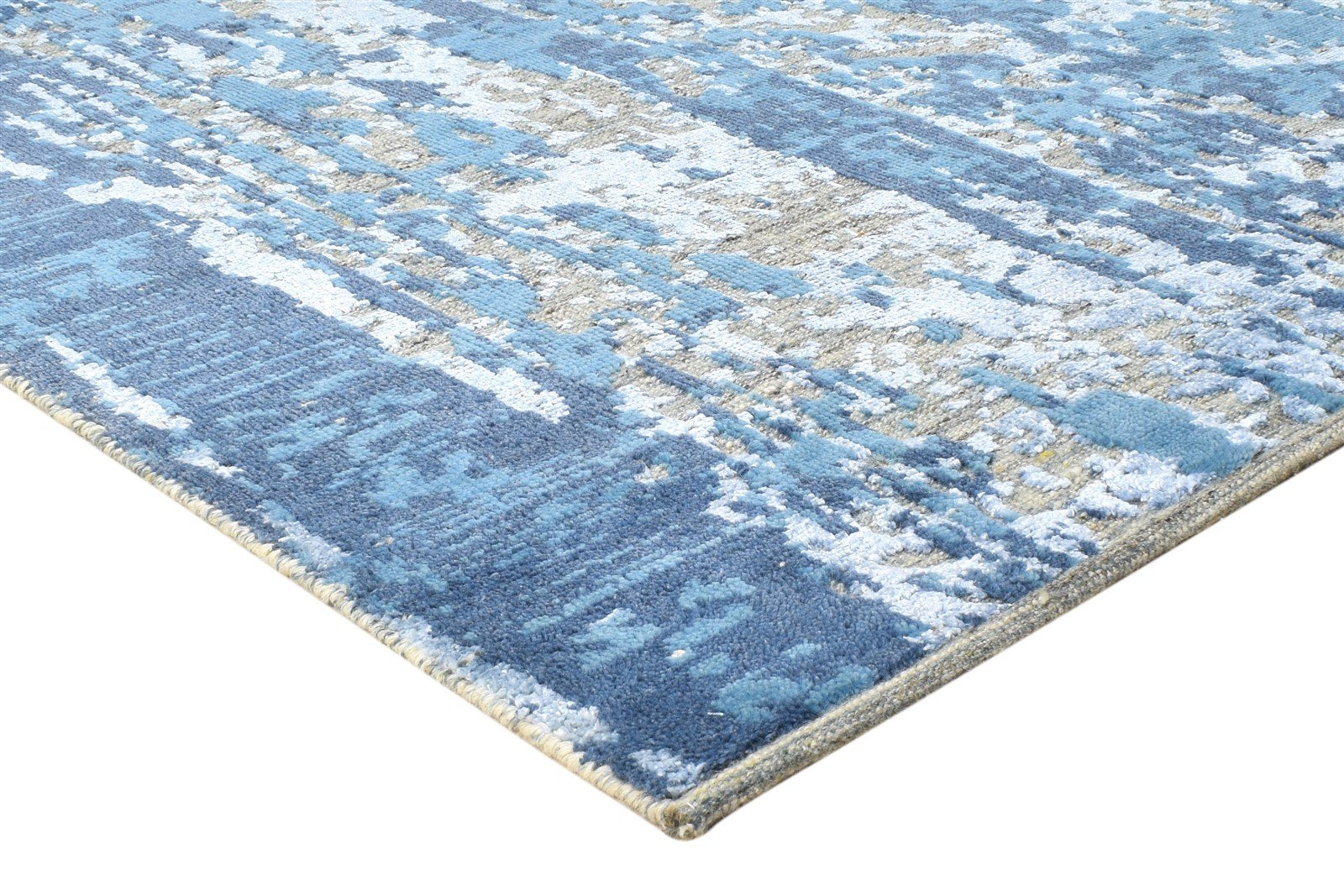 5X8 Rug Wool / Silk Blue Modern Hand Knotted Indian Abstract Room Size Carpet 