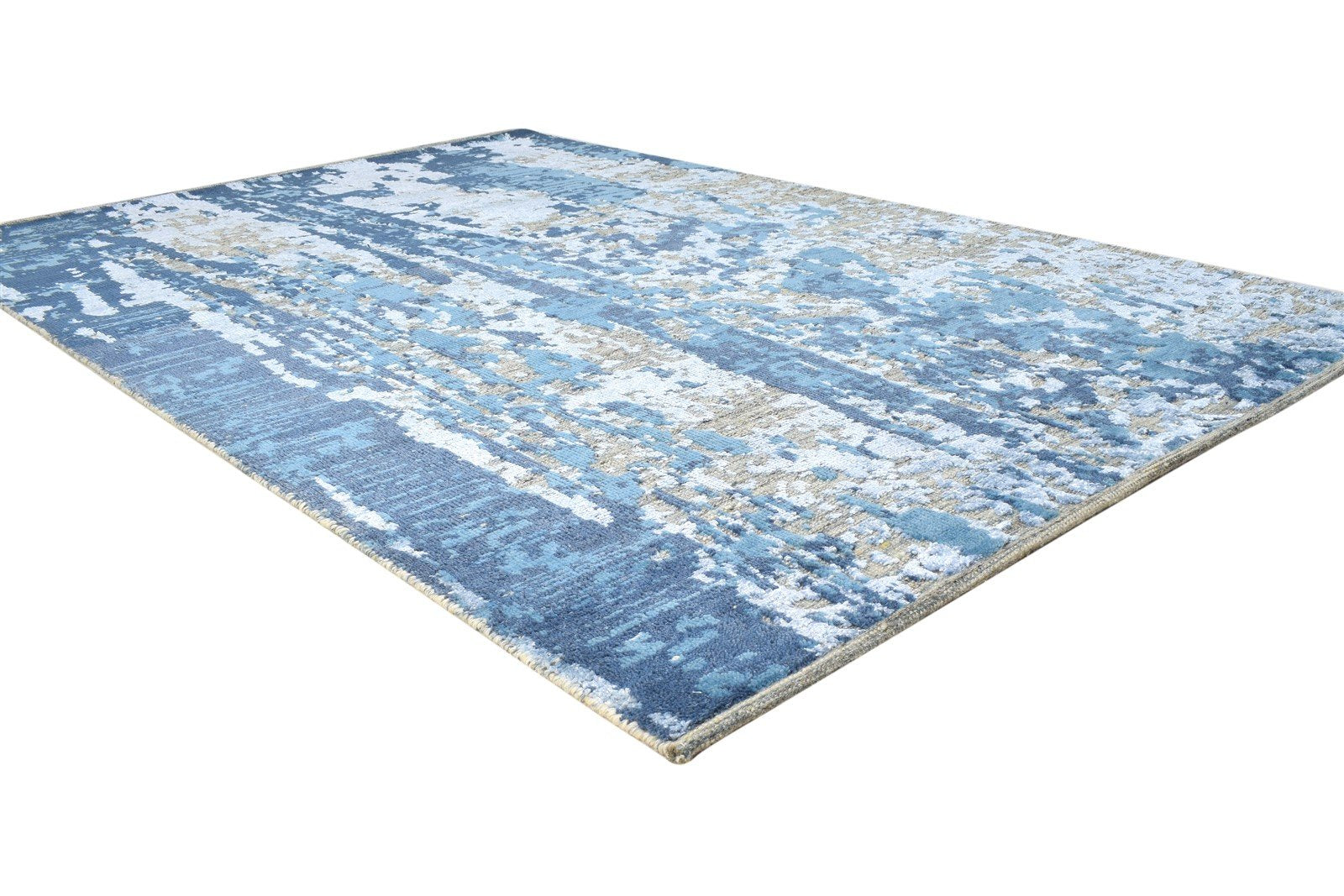 5X8 Rug Wool / Silk Blue Modern Hand Knotted Indian Abstract Room Size Carpet 