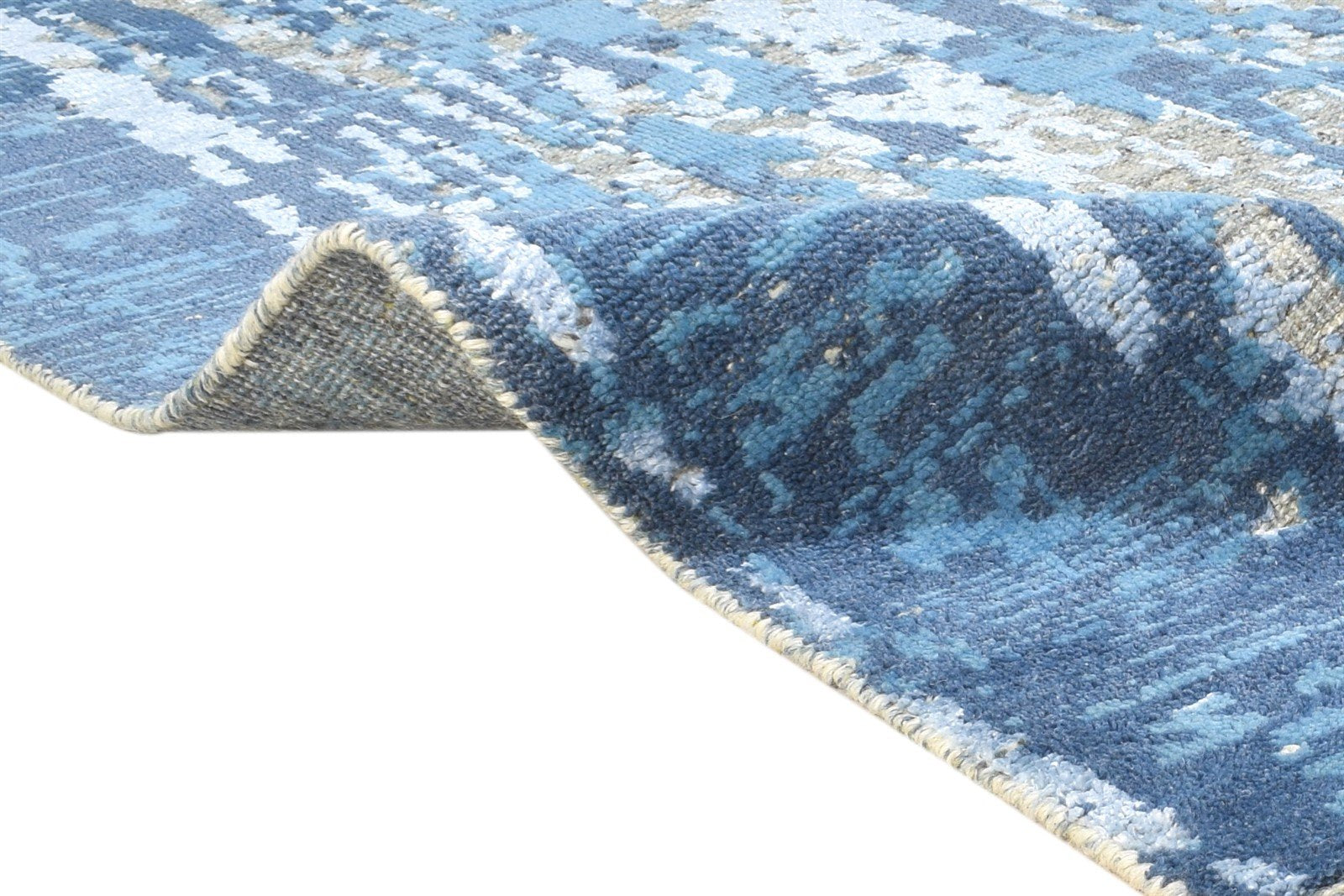 5X8 Rug Wool / Silk Blue Modern Hand Knotted Indian Abstract Room Size Carpet 