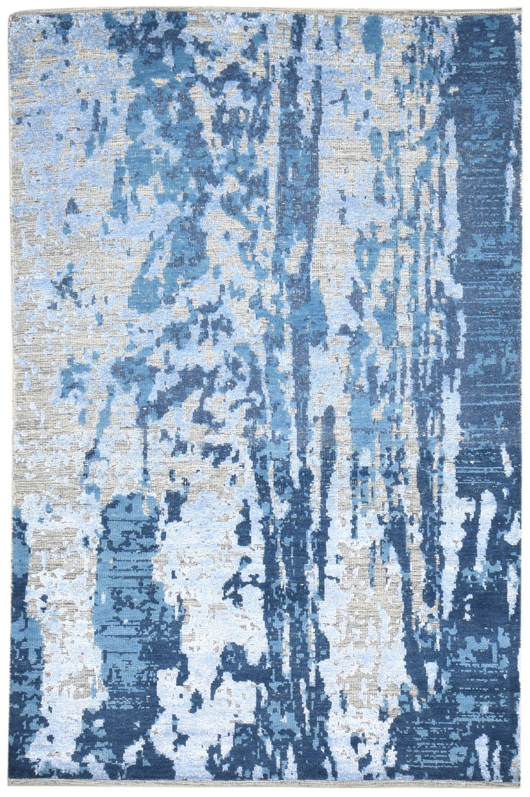 5X8 Rug Wool / Silk Blue Modern Hand Knotted Indian Abstract Room Size Carpet 