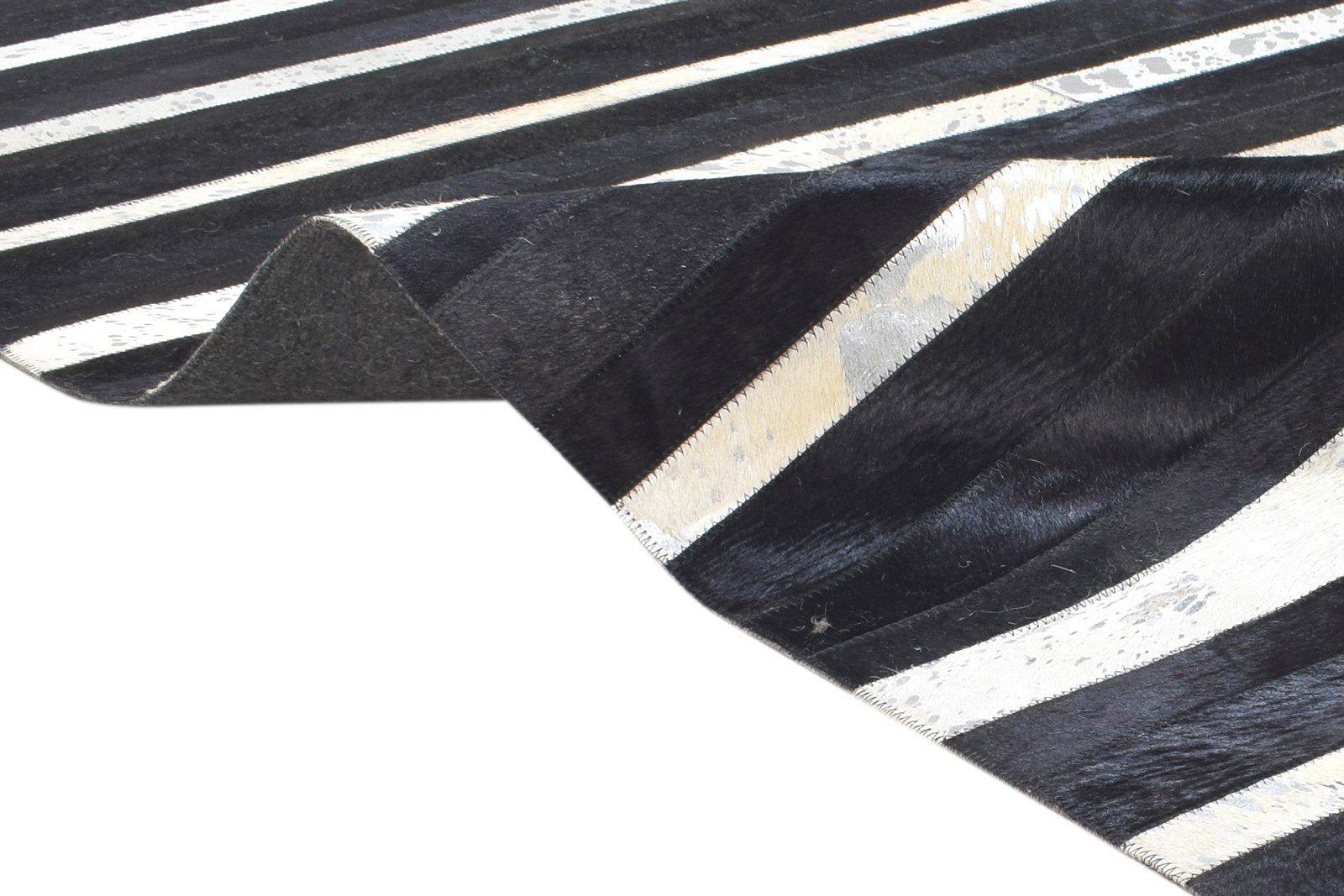 Black Leather Rug 5X8 Modern Hand Woven Scandinavian Striped Room Size Carpet 