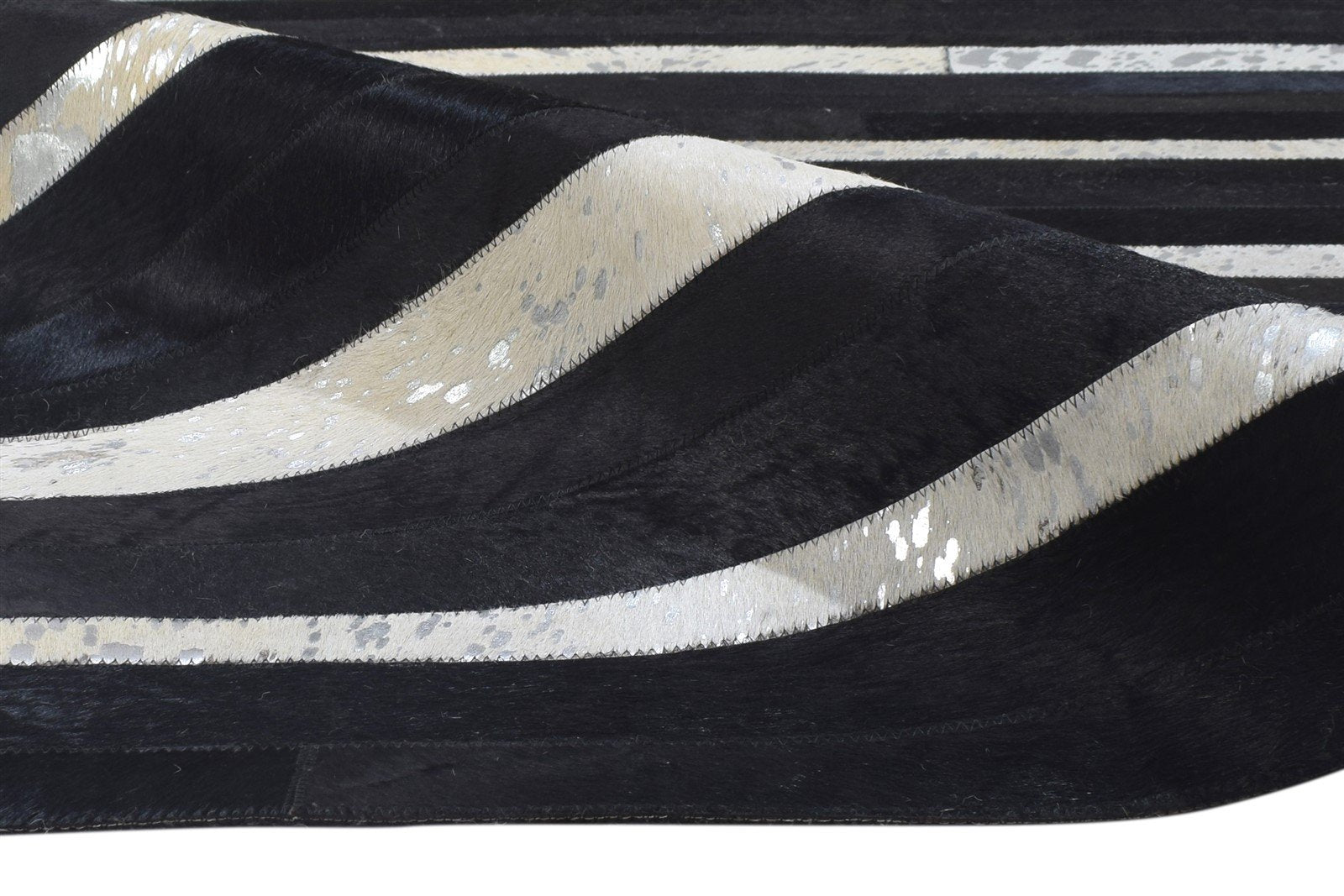 Black Leather Rug 5X8 Modern Hand Woven Scandinavian Striped Room Size Carpet 